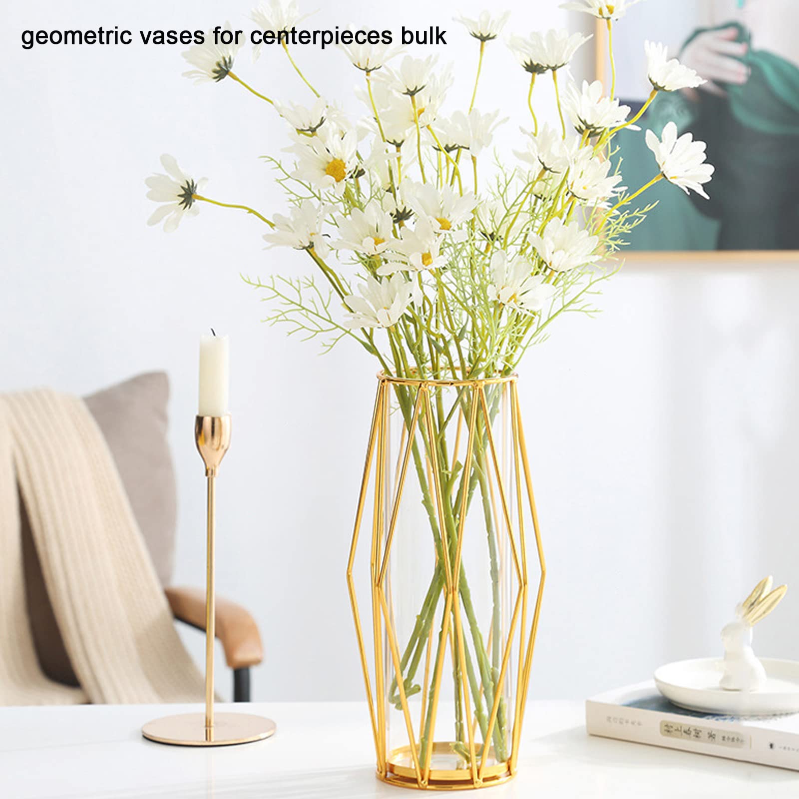 Elegant Gold Flower Vases with Geometric Metal Stand - Modern Centerpiece Terrarium Crystal Vase for Pampas Grass, Home Decor, Dining Table, Shelf Display & Wedding Decorations (10.6