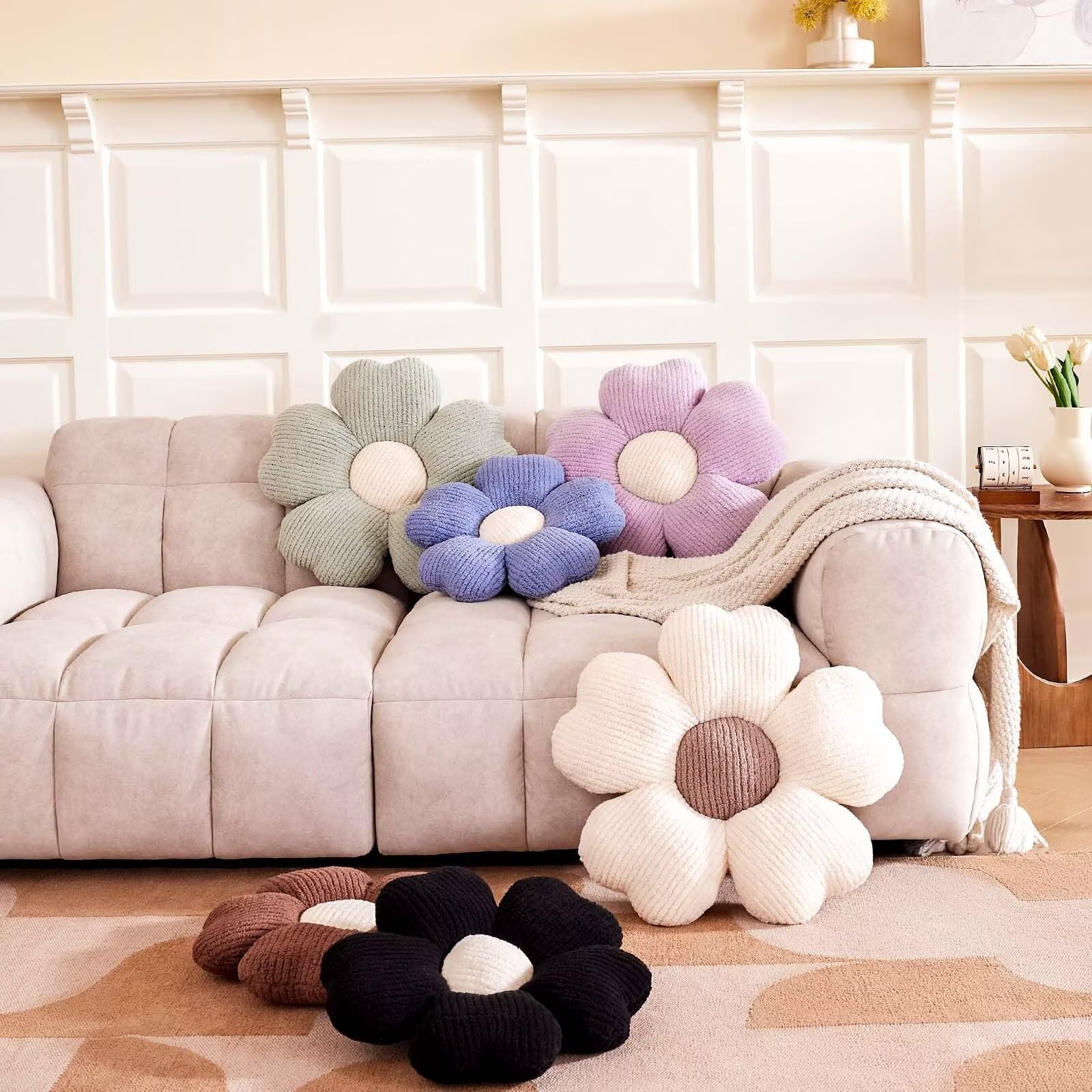 Soft Daisy Flower Throw Pillow - 19.6 Inch Decorative Cushion for Bed, Couch & Floor Seating (Ivory+Brown) | Boho Home Decor, Living Room Accent, Nursery Pillow