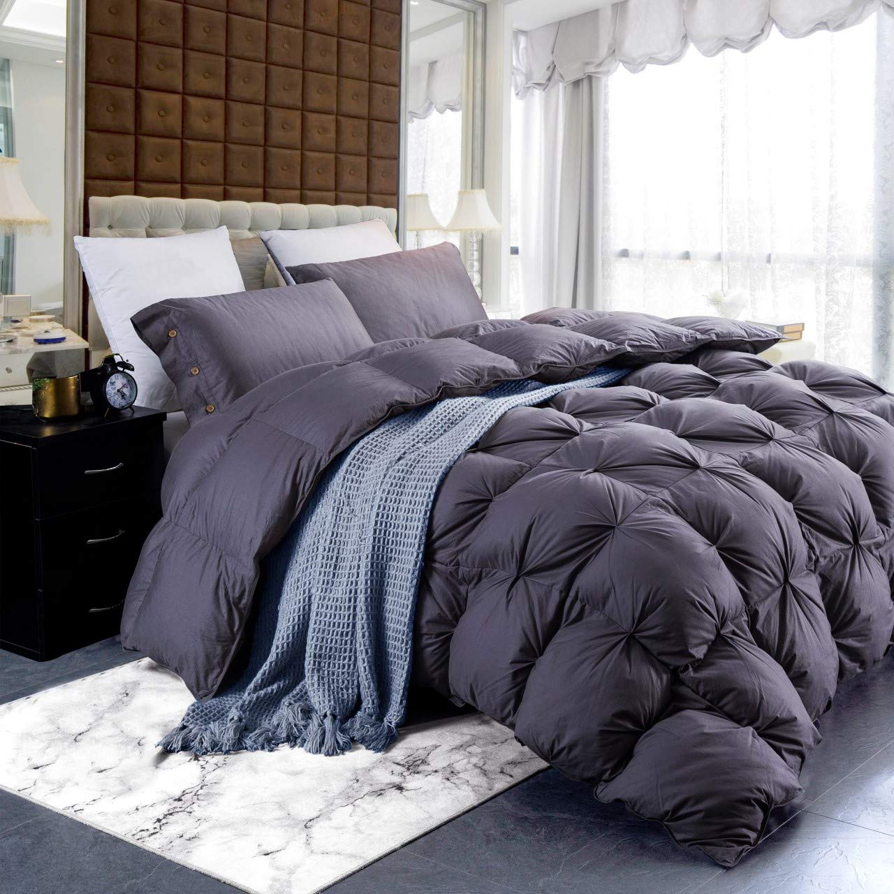 Luxurious Goose Down Comforter Queen Size - 750+ Fill Power, 1200 Thread Count 100% Egyptian Cotton, Premium Pinch Pleat Design - Ultra Soft & Breathable Duvet Insert for All Seasons - Perfect for Master Bedroom, Guest Room, or Hotel Luxury Bedding (Queen, Gray)