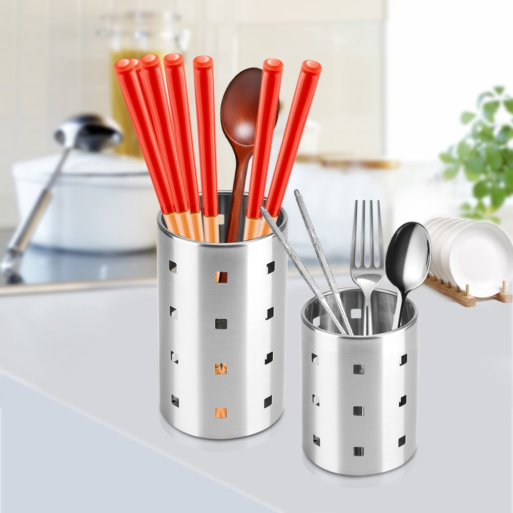 Stainless Steel Kitchen Utensil Holder for Countertop - Cooking Tool Organizer with 6 Slots for Spoons, Spatulas & Chopsticks - Perfect for Kitchen Counter Storage & Organization (Black) - Ideal for Home Chefs & Small Kitchen Spaces