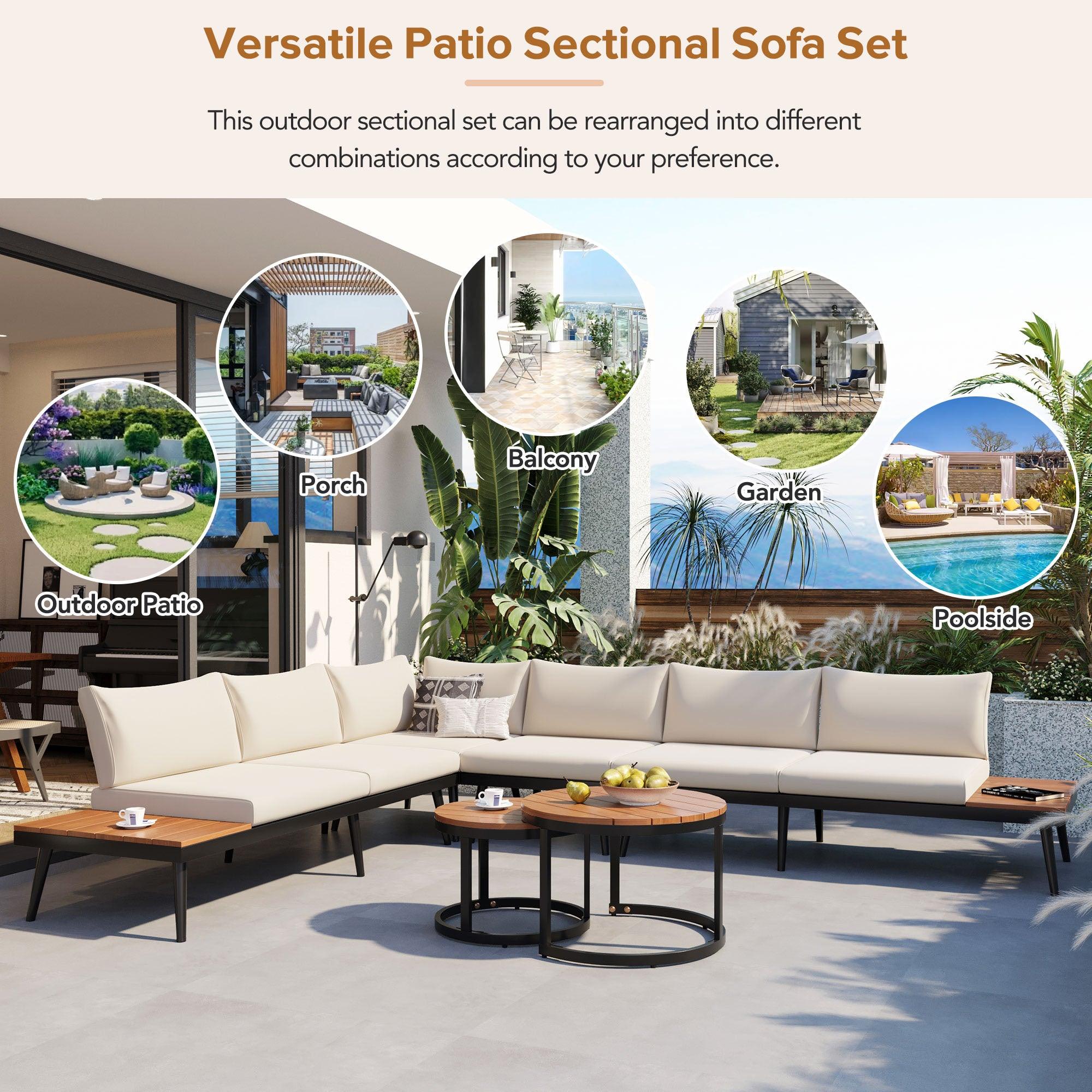 6-Piece Outdoor Sectional Sofa Set with Round Nesting Coffee Tables & Cushioned Seating - Patio, Porch, Garden Furniture for Backyard, Poolside & Outdoor Living Spaces