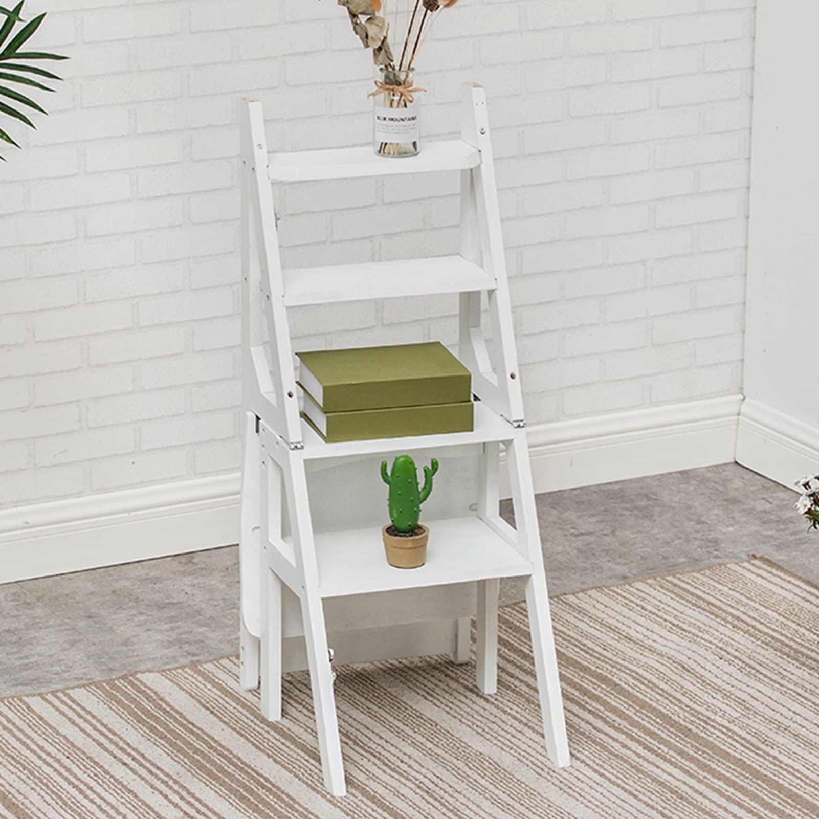 FADUNI Foldable Wooden Step Stool Ladder Chair, White 4-Step Stool with Non-Slip Feet - Perfect for Home Library, Kitchen, Bathroom & Kids' Room