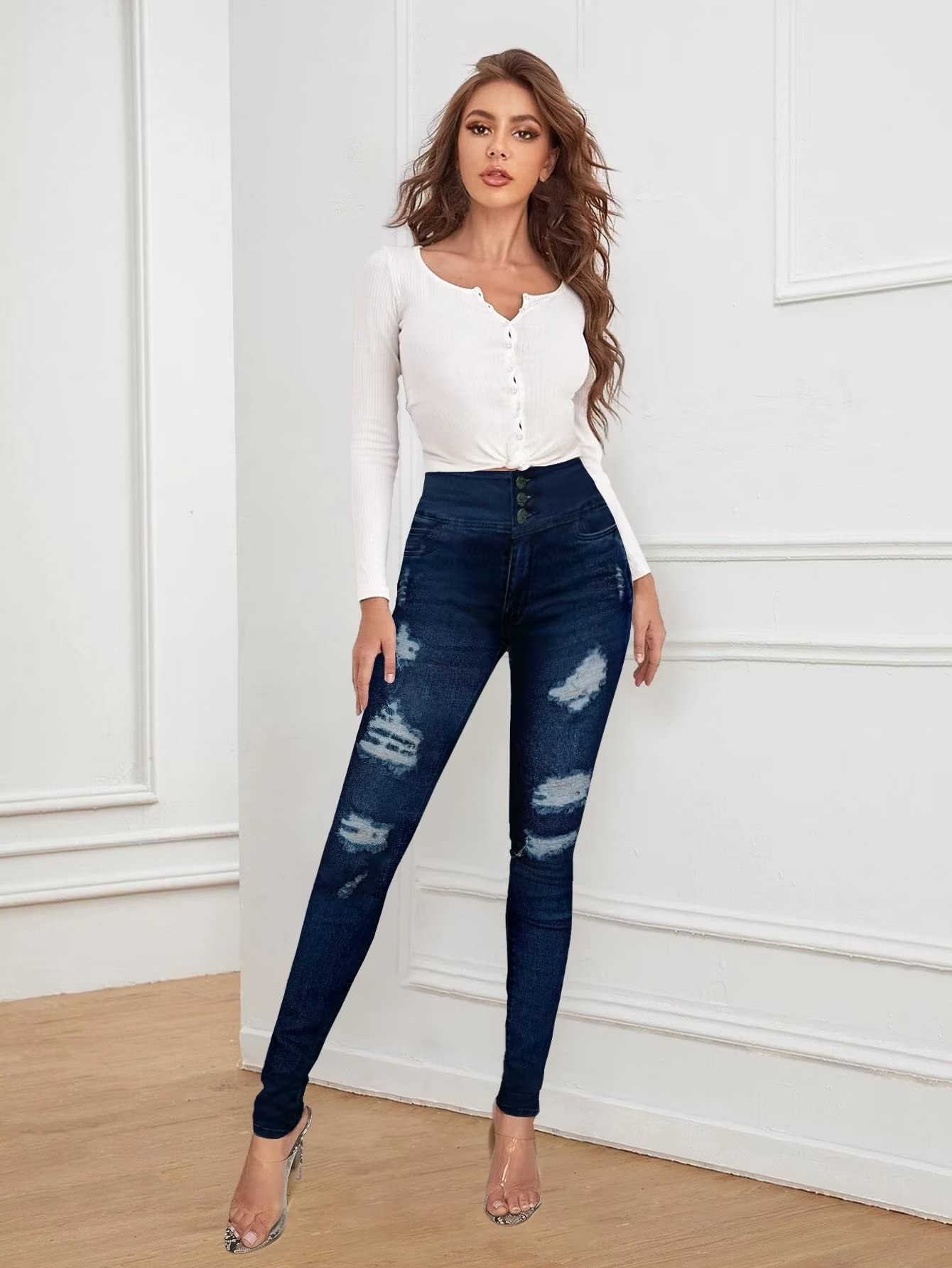 Hybrid & Company Women's High Waist Stretch Skinny Jeans - Distressed Denim Pants for Casual Wear & Night Out | Fashionable Comfort for Everyday Style