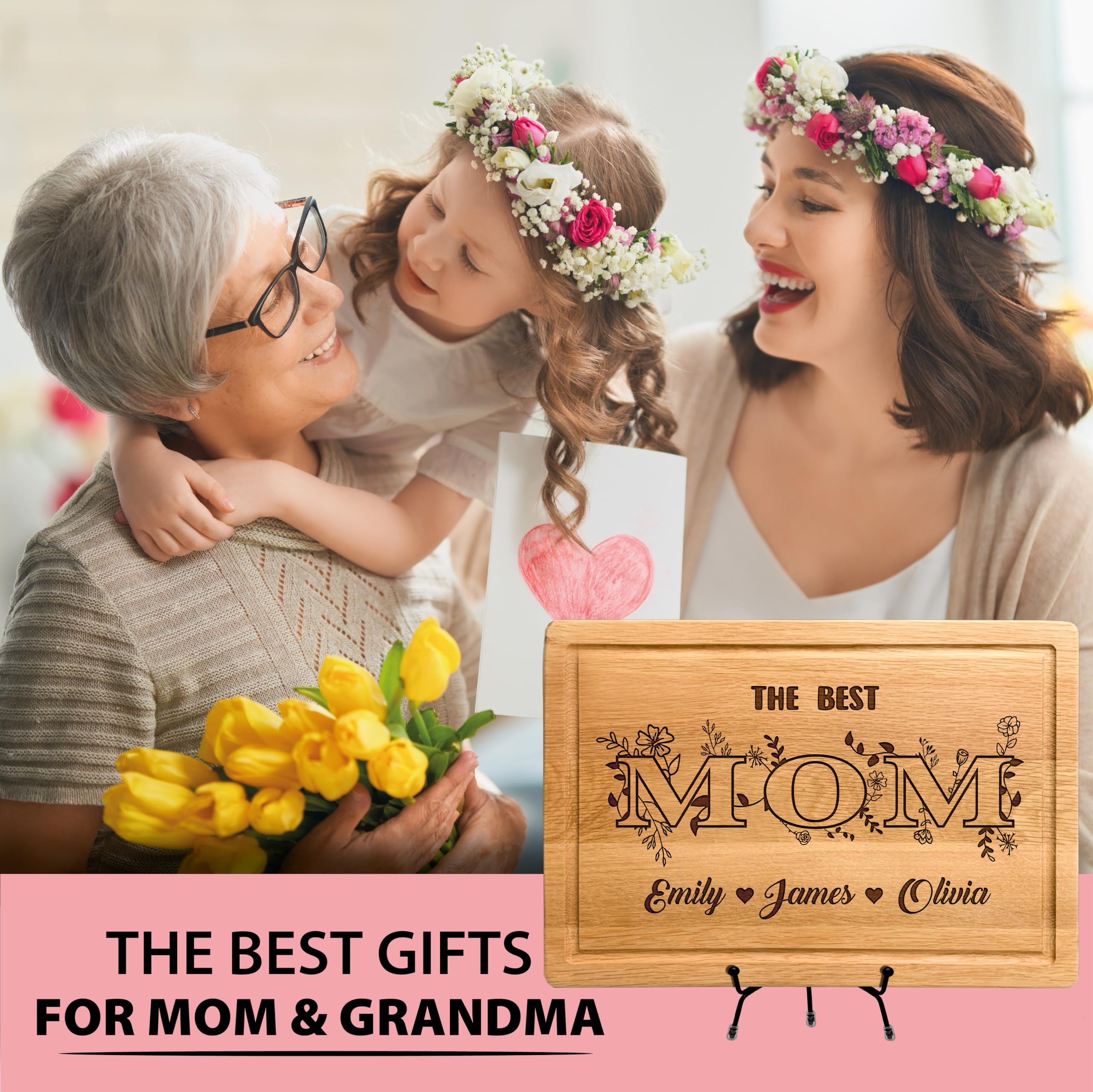 Personalized Engraved Wooden Cutting Board for Mom - Custom Mother's Day, Christmas & Birthday Gift with Kids' Names - Perfect for Kitchen, Housewarming & Special Occasions