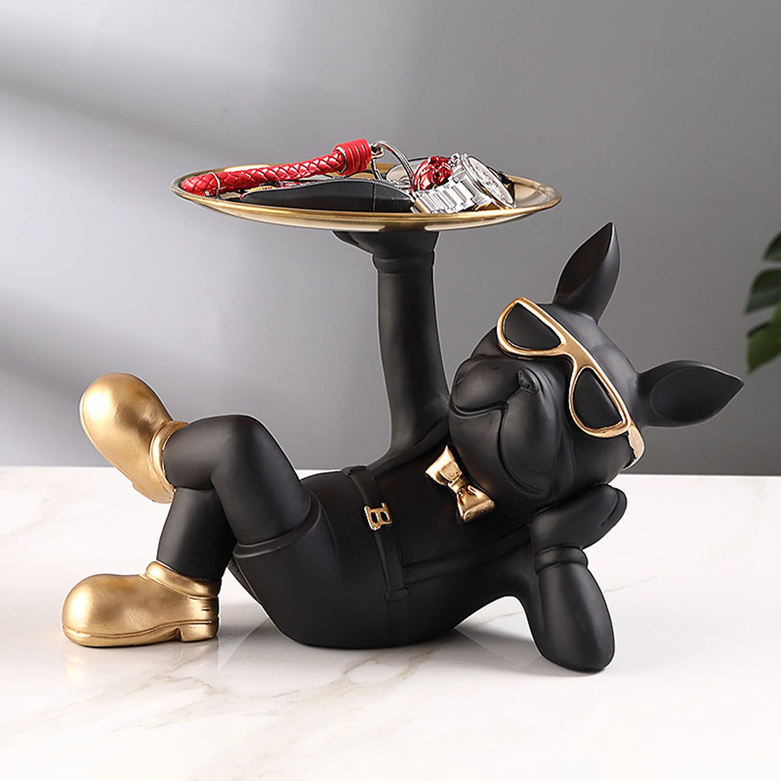 Resin Bulldog Tray - Animal Sculpture Key Holder & Jewelry Organizer for Desk, Candy Dish, Earrings Storage - Home, Office, Shop Decor - Perfect for Living Room, Table Display & Gift Idea (Black)