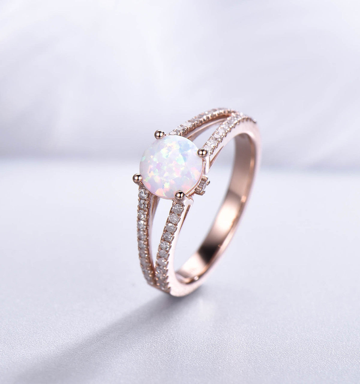 Vintage Opal Engagement Ring - Split Shank Round Cut Opal Wedding Band in Rose Gold | Perfect for Proposals, Anniversaries & Romantic Occasions