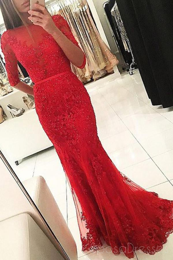 Elegant Long Sleeve Backless High Neck Red Mermaid Lace Evening Gown for Prom, Wedding & Formal Events - Perfect for Special Occasions and Red Carpet Dresses
