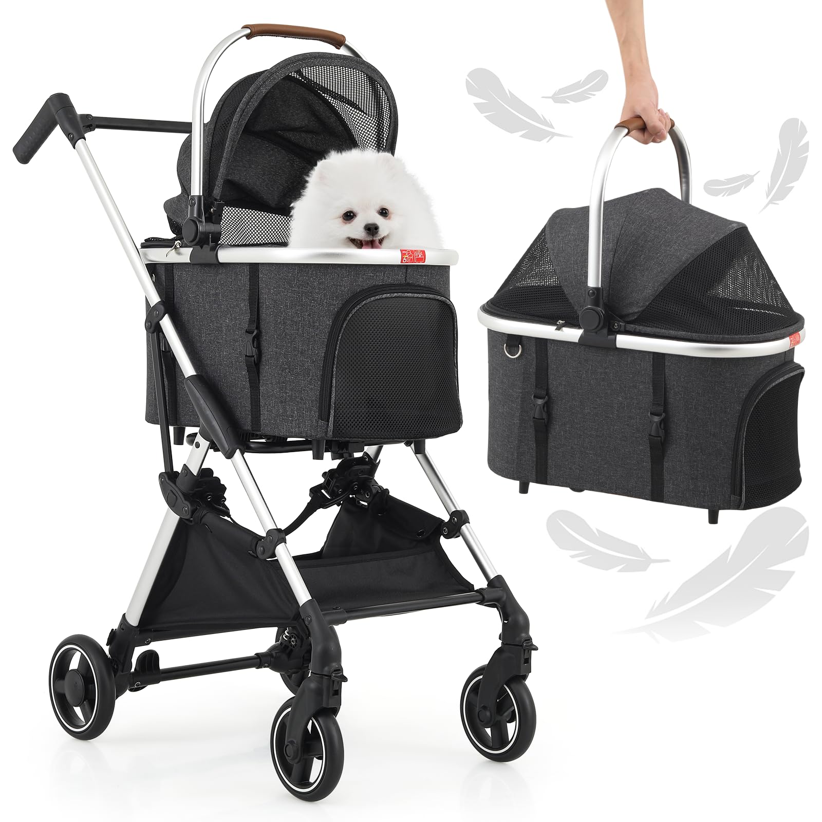 MoNiBloom Lightweight Pet Stroller for Small & Medium Dogs - Foldable Jogging Stroller with Detachable Carrier, Aluminum Frame - Dark Gray | Perfect for Travel, Walks & Outdoor Adventures