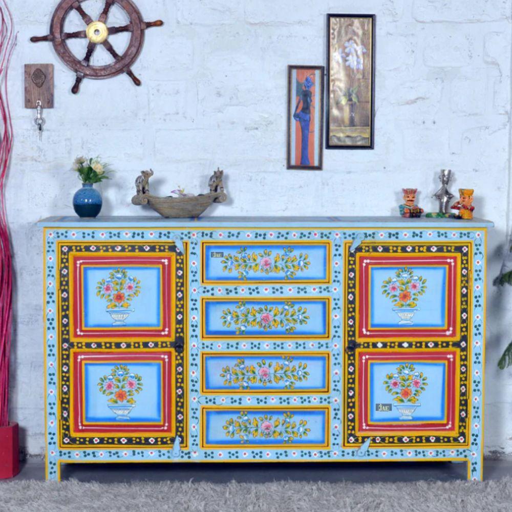 Hand Painted Solid Wood Sideboard - Multicolor Vintage Buffet Cabinet for Dining Room, Living Room & Entryway Storage | Rustic Home Decor Furniture