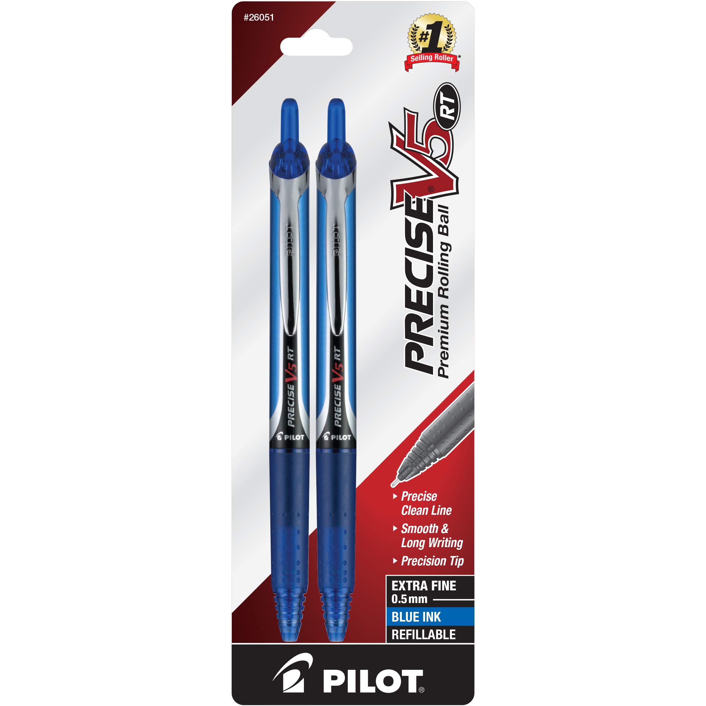 Pilot Precise V5 RT Retractable Liquid Ink Rolling Ball Pens - Extra Fine 0.5mm Point - Blue Ink - 2 Pack (26051) - Perfect for Office, School, Note Taking & Journaling
