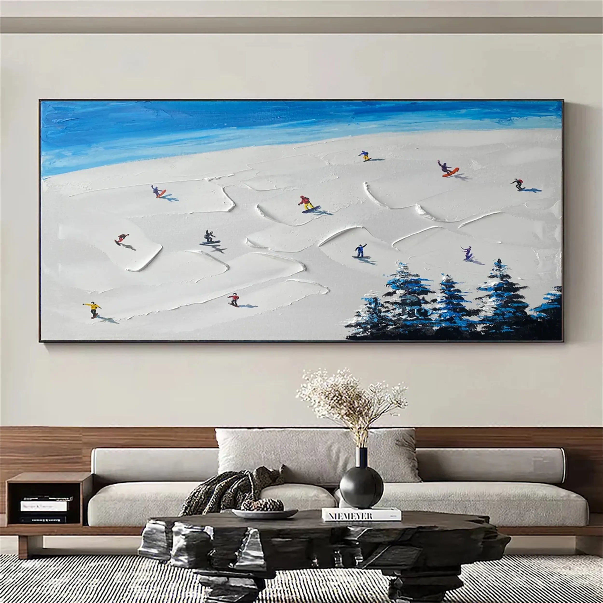 Premium Skiing Sport Art Textured Painting Canvas - Mountain Landscape Wall Decor #MM220 | Perfect for Ski Lodge, Cabin & Winter-Themed Home Decor