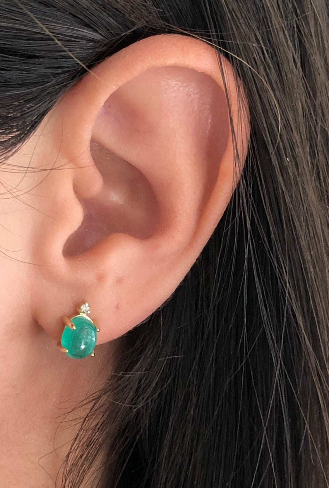 3.10tcw Cabochon Emerald & Diamond Stud Earrings in 14K Gold - Elegant Jewelry for Women, Perfect for Weddings, Parties & Special Occasions