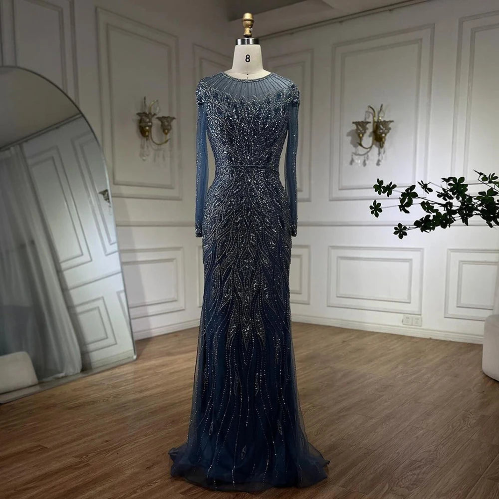 Serene Hill Muslim Blue Mermaid Luxury Beaded Dubai Long Evening Dresses for Women - Elegant Wedding Party Gowns 2025 LA71999L | Perfect for Formal Events, Red Carpet & Special Occasions