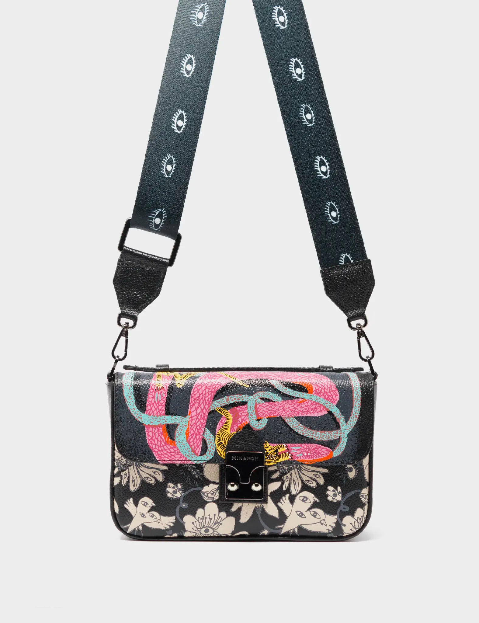 Amantis Black Leather Crossbody Mini Handbag with Tiger and Snake Design - Stylish Women's Purse for Casual Outings, Date Nights & Travel Accessories
