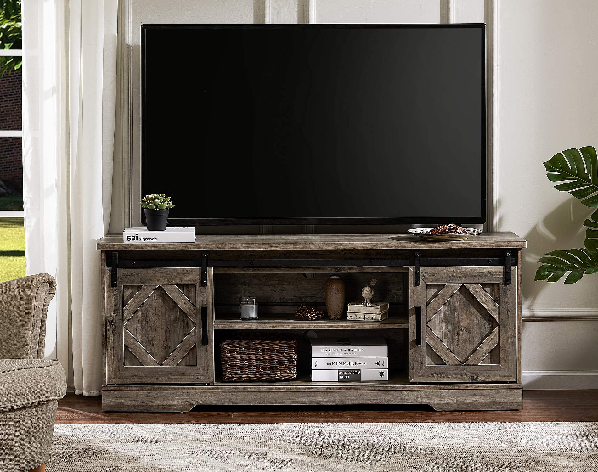 WAMPAT 65 Inch Farmhouse Sliding Barn Door TV Stand with Adjustable Shelves - Modern Wood Media Console Cabinet for Living Room, Bedroom - Wash Grey Finish - Perfect for Home Entertainment & Storage