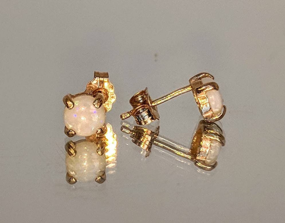 14K Solid Gold Natural Australian White Opal Stud Earrings - 4mm, 5mm, 6mm Round Birthstone Jewelry for Women - Perfect Gift for Birthday, Anniversary & Everyday Wear