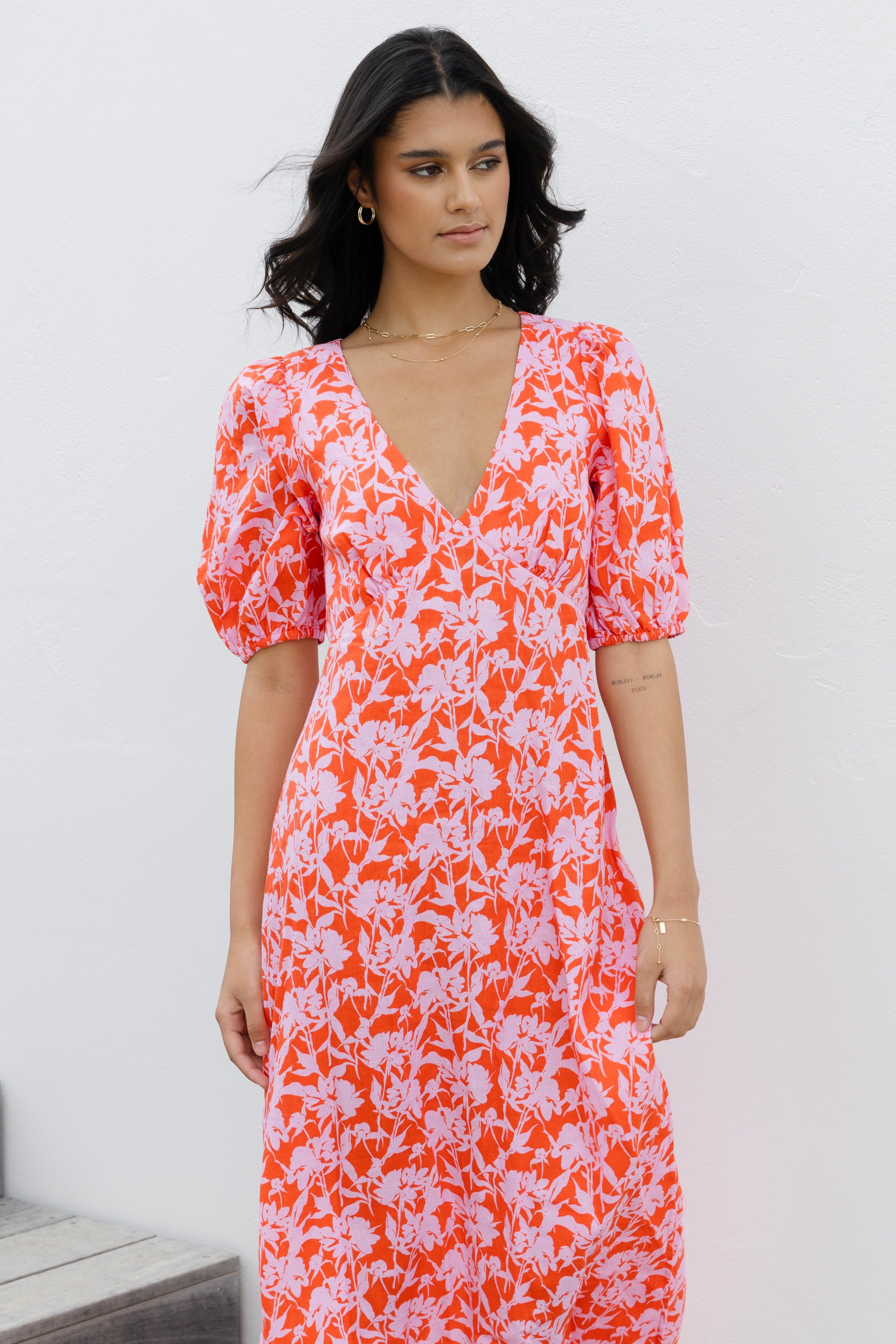 Amora Pink Floral Print Summer Sleeveless Bias Cut Midi Dress - Perfect for Beach Vacations, Garden Parties & Date Nights