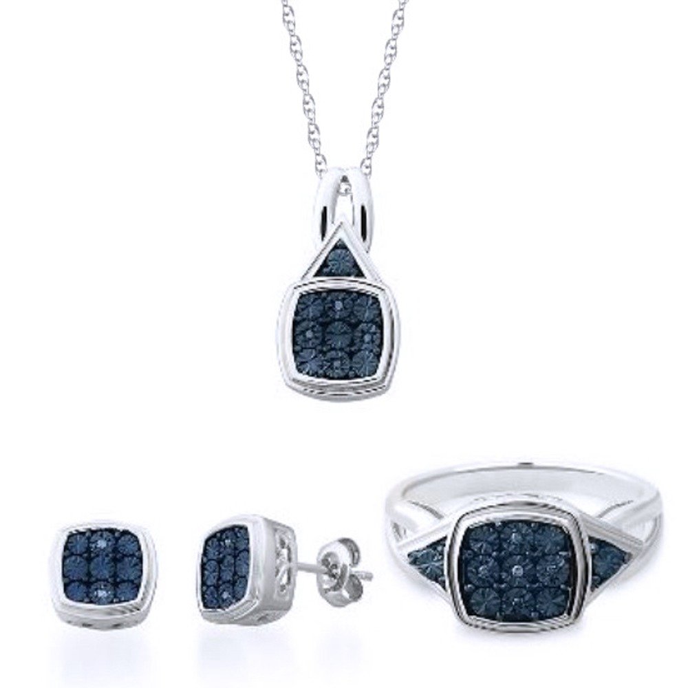 Blue Natural Diamond Pendant Earring & Ring Set in Gold Over Sterling Silver - Perfect for Weddings, Anniversaries and Special Occasions