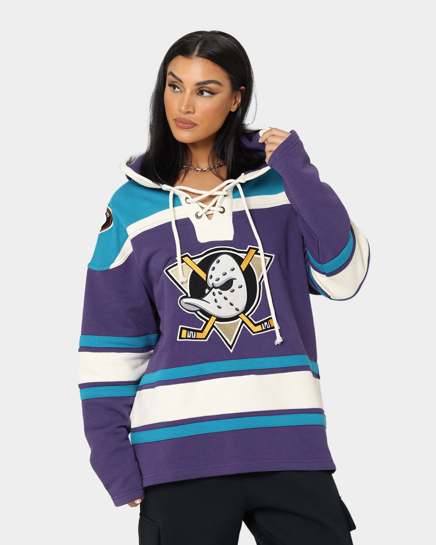 47 Brand Anaheim Ducks Lacer Hoodie - Purple & Sharks Teal Color - Men's NHL Hockey Pullover Sweatshirt - Perfect for Game Day, Casual Wear & Outdoor Activities