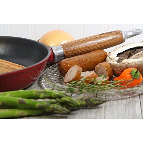 10-Inch Red French Enameled Cast Iron Fry Pan with Wooden Handle - Nonstick Skillet for Searing, Frying & Baking - Perfect for Stovetop, Oven & Camping Cookware