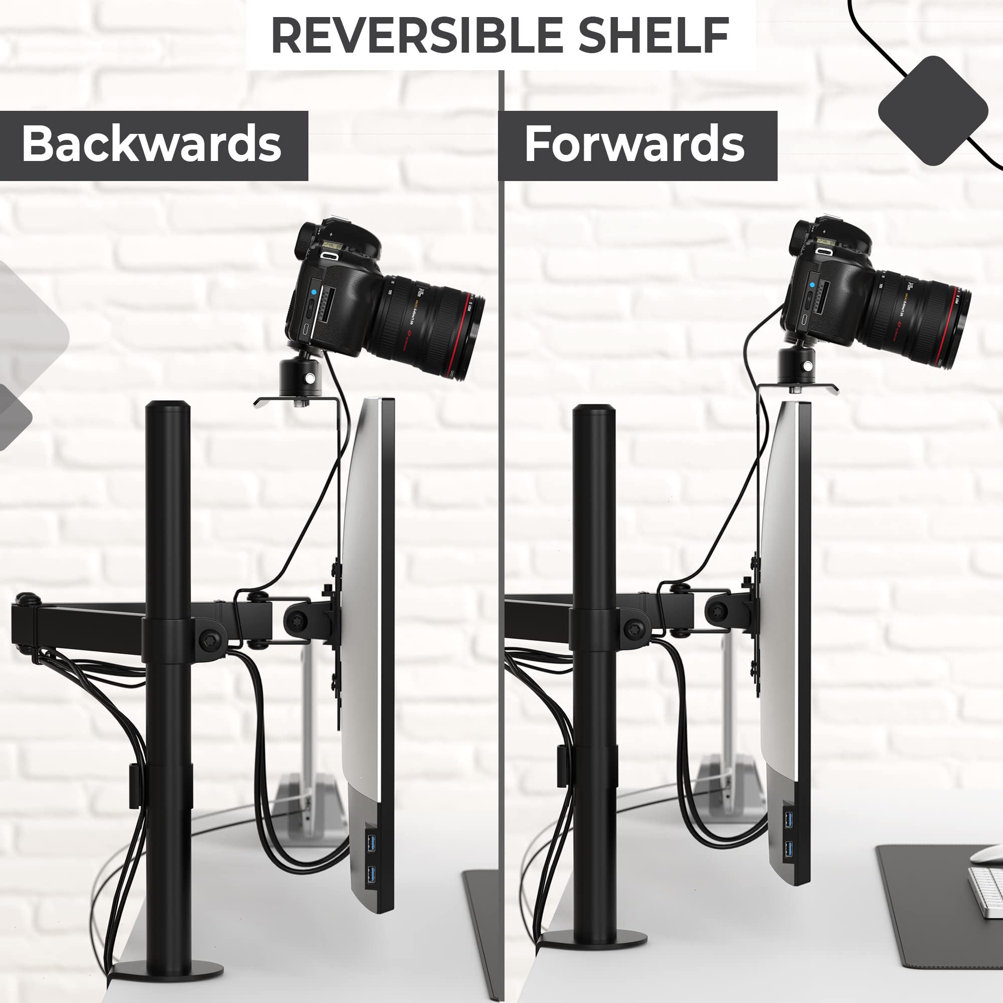 HumanCentric DSLR Monitor Mount - Adjustable VESA Arm Camera Shelf for Desk, Webcam & Microphone Stand - Heavy Duty Monitor Riser for Photography & Streaming Setup - Perfect for Home Office, Gaming & Video Production Workspace
