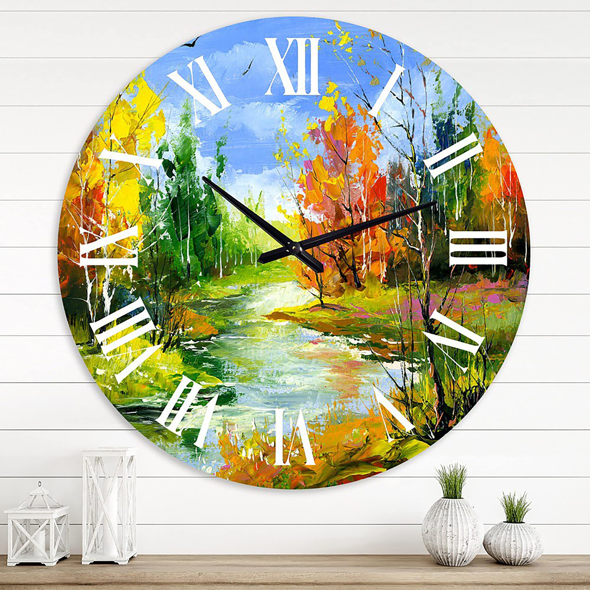 DesignQ Lake House Wall Clock 'Autumn Landscape with The Wood River' - Large Nature-Inspired Wall Clock for Kitchen, Living Room, Bedroom Decor - Perfect for Rustic, Farmhouse & Cabin Home Décor