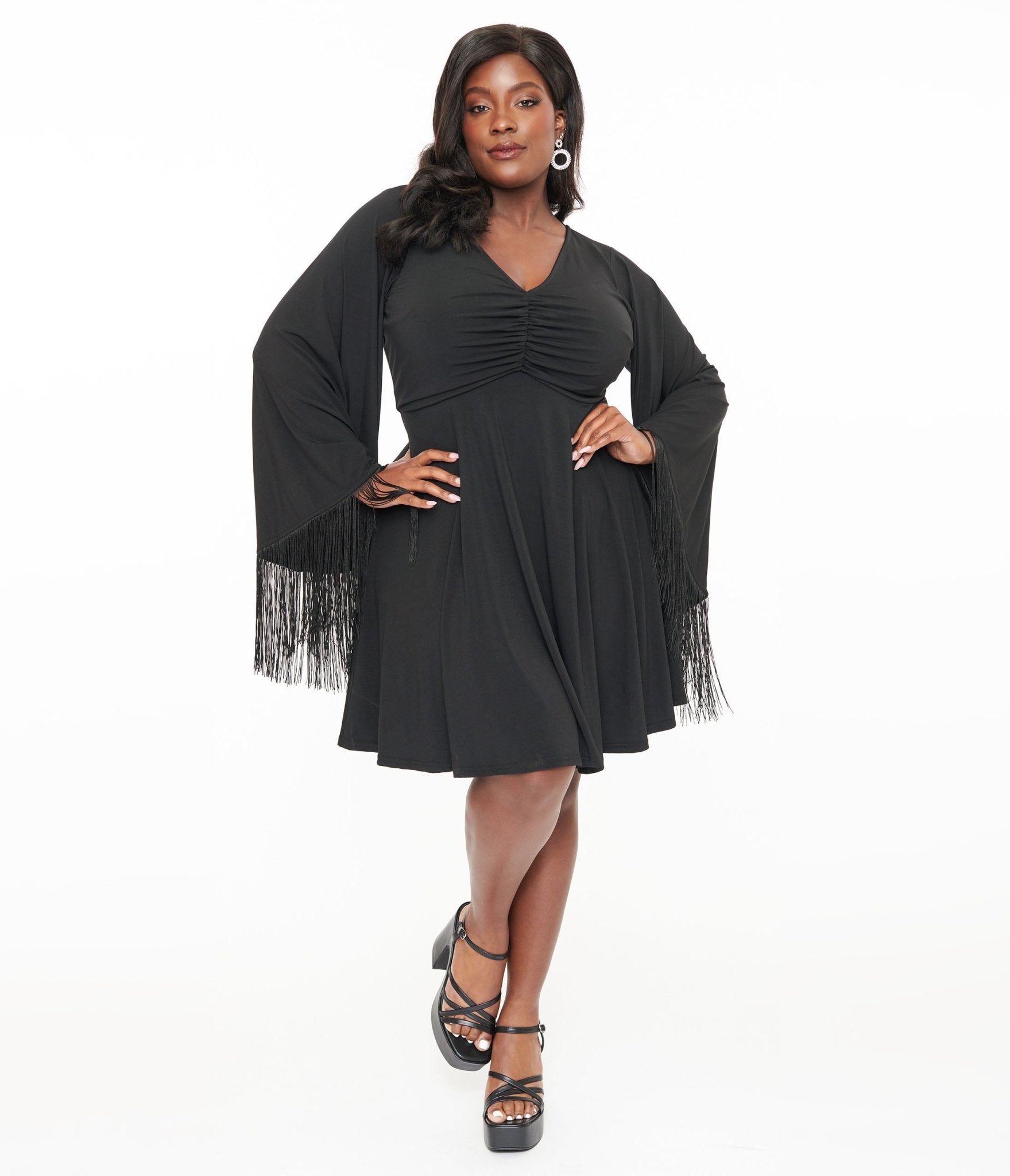 Smak Parlour Plus Size Black Fringe Bell Sleeve Fit & Flare Dress for Women - Elegant Party & Evening Wear for Special Occasions