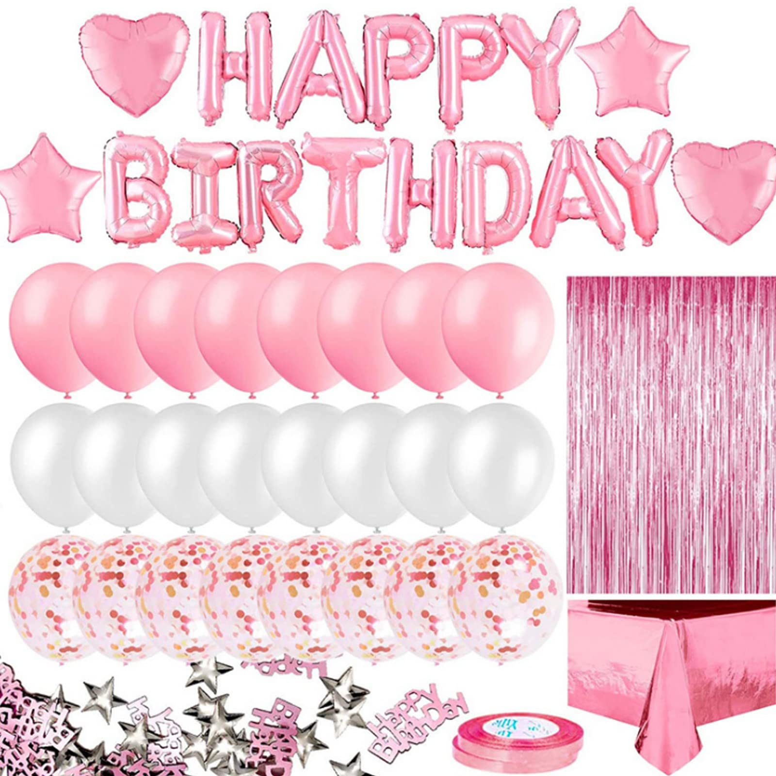 Happy Birthday Balloon Decor Kit - Pink Fringe Curtain, Foil Tablecloth, Heart & Star Confetti Balloons, Table Scatter for Party Decorations | Perfect for Birthday Parties, Baby Showers & Anniversary Celebrations