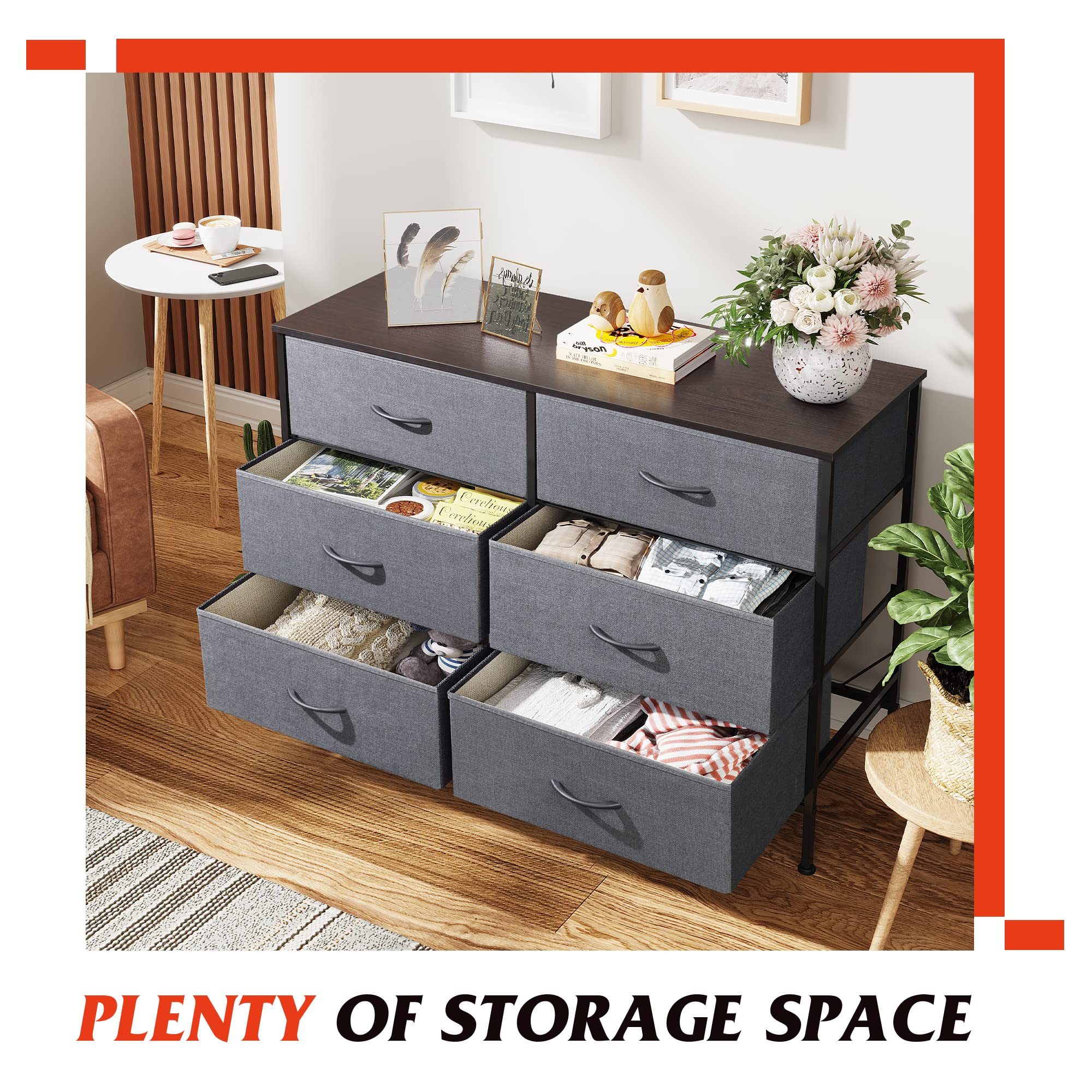 WLIVE 6-Drawer Fabric Dresser for Bedroom & Living Room - Sturdy Metal Frame Dresser with Wooden Top, TV Stand for 50 Inch TV, Storage Organizer for Hallway - Dark Gray | Perfect for Small Spaces & Apartment Organization