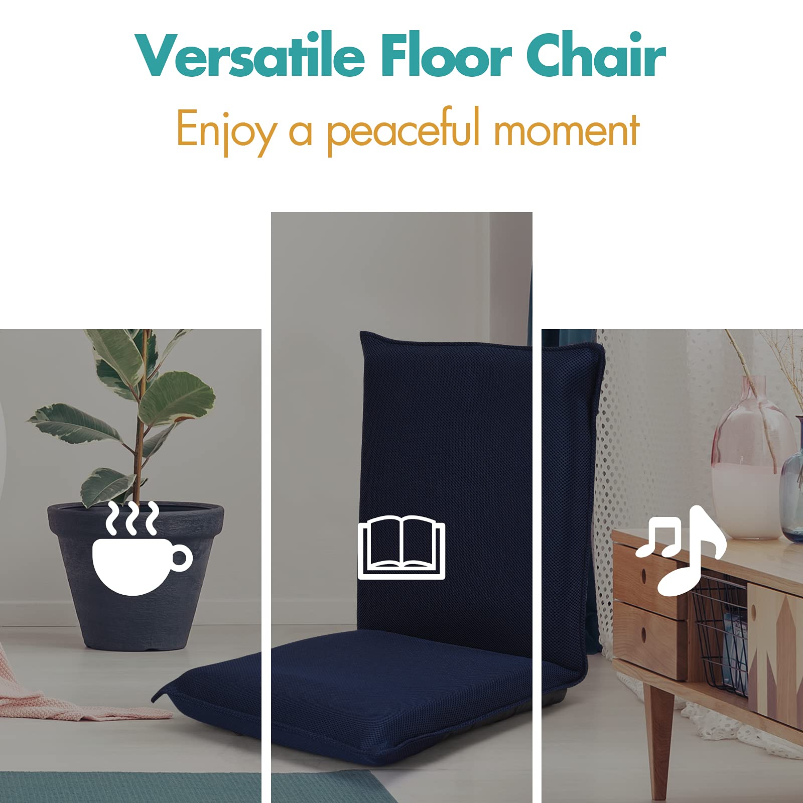 GOFLAME Adjustable Floor Chair - 6-Position Folding Padded Gaming Sofa with Cushioned Back Support - Ergonomic Lazy Sofa for Reading, Meditation, Gaming & Relaxation (Navy Blue) - Perfect for Small Spaces, Dorm Rooms & Home Office Comfort