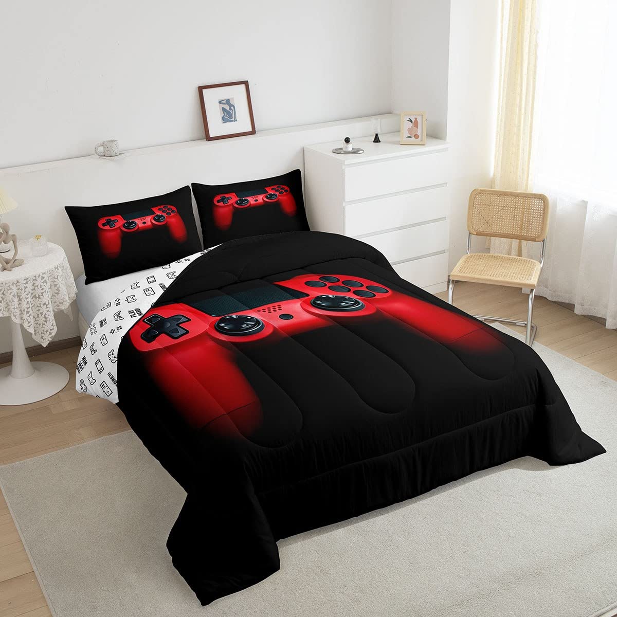 Feelyou Gaming Bedding Set - Black & Red Video Game Comforter with Controller Design, 1 Queen Comforter + 2 Pillowcases (3Pcs) - Perfect for Teen Boys' Bedroom, Game Room Decor & Gift for Gamers