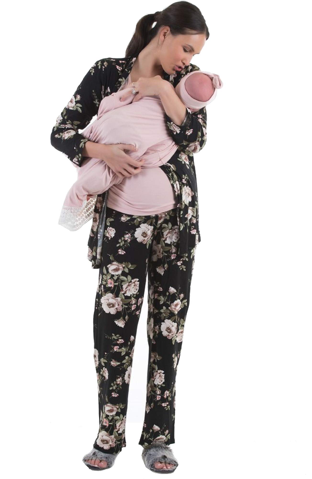 Angel Maternity Loungewear 5-Piece Set - Soft Nursing Pajamas with Cardigan, Wrap Top, Pants, Baby Blanket & Headband - Floral Print for Comfortable Pregnancy & Postpartum Relaxation at Home