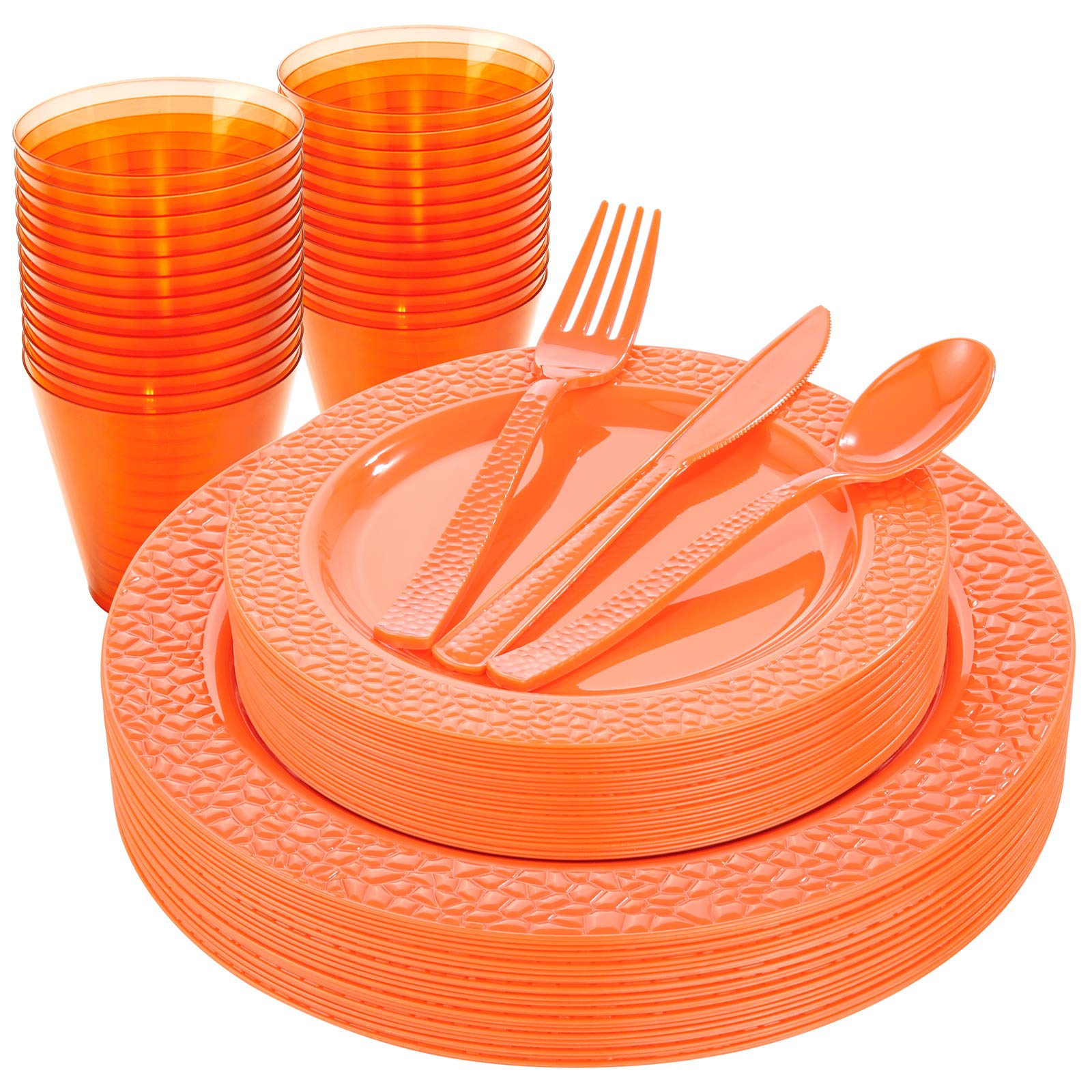 150-Piece Orange Plastic Dinnerware Set - 25 Dinner Plates, 25 Dessert Plates, 25 Forks, 25 Knives, 25 Spoons & 25 Cups | Disposable Tableware for Weddings, Parties, Picnics & Outdoor Events - Hammered Silverware Design