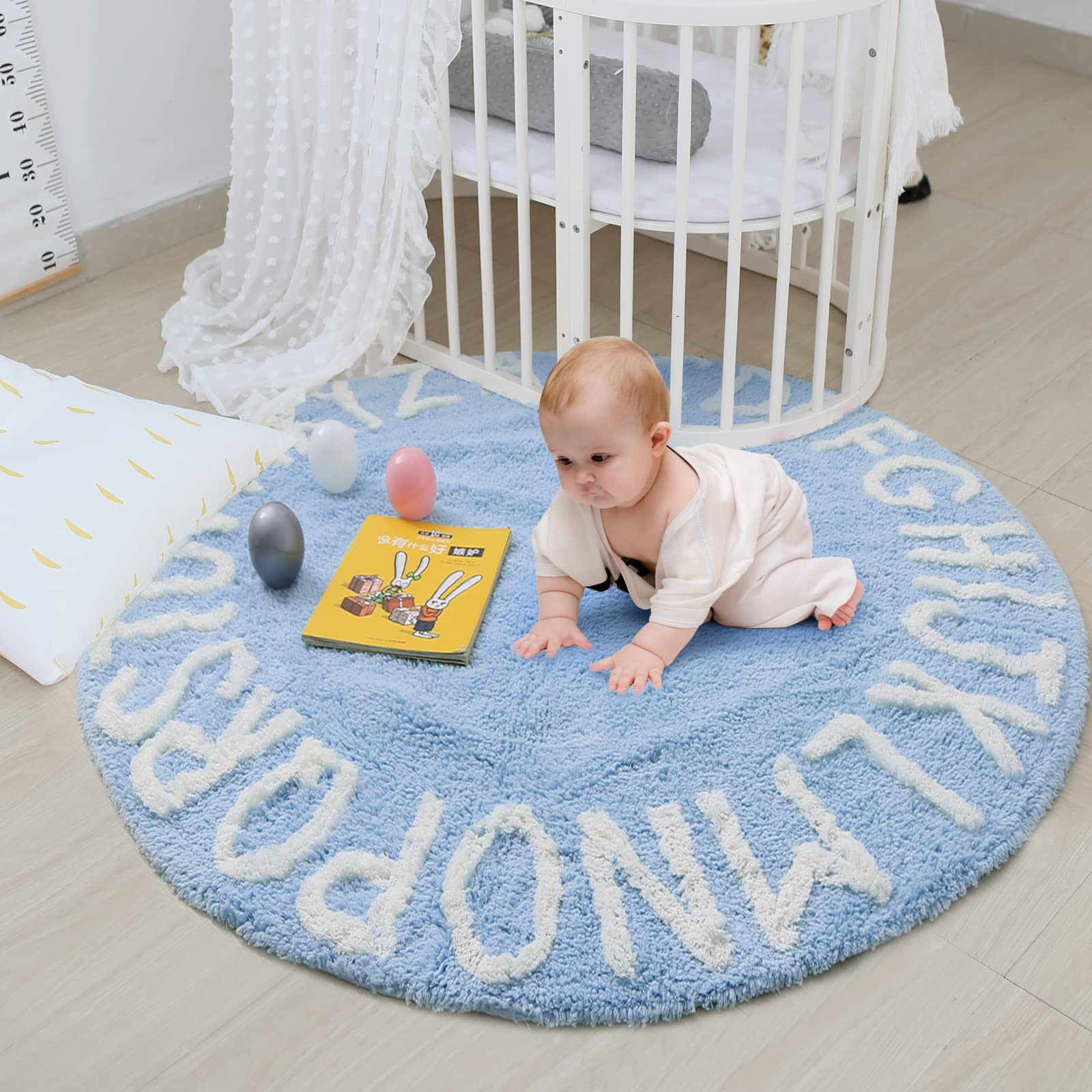ABC Alphabet Rug for Kids Room - Neutral Cotton Circle Nursery Rug for Baby Boy & Girl, 47