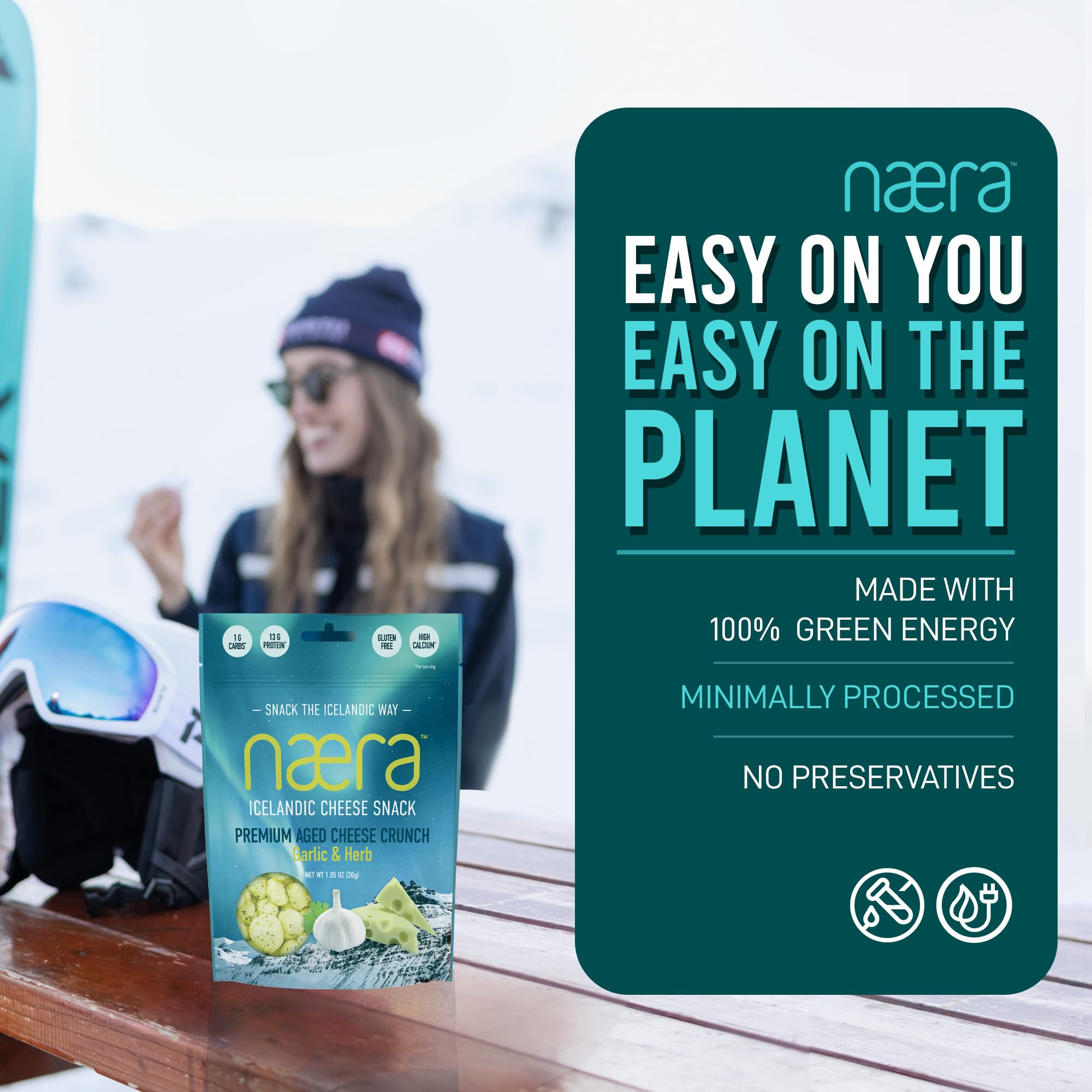 Næra Icelandic - Garlic & Herb Aged Cheese Crunch Protein Snacks | Keto Friendly, Gluten-Free, High Protein | All-Natural Snack for Adults & Kids (1.05 oz) | Perfect for On-the-Go, Lunchboxes & Low-Carb Diets