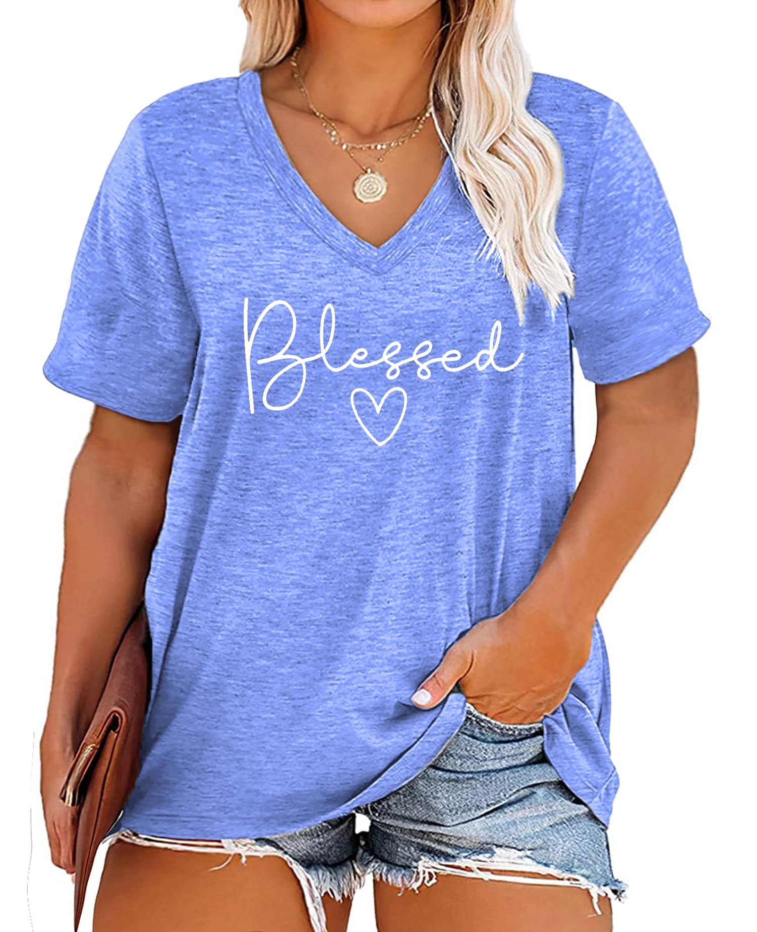 Plus Size Blessed V-Neck T-Shirts for Women - Soft Short Sleeve Summer Tops - Perfect for Casual Wear, Church & Vacation Outfits