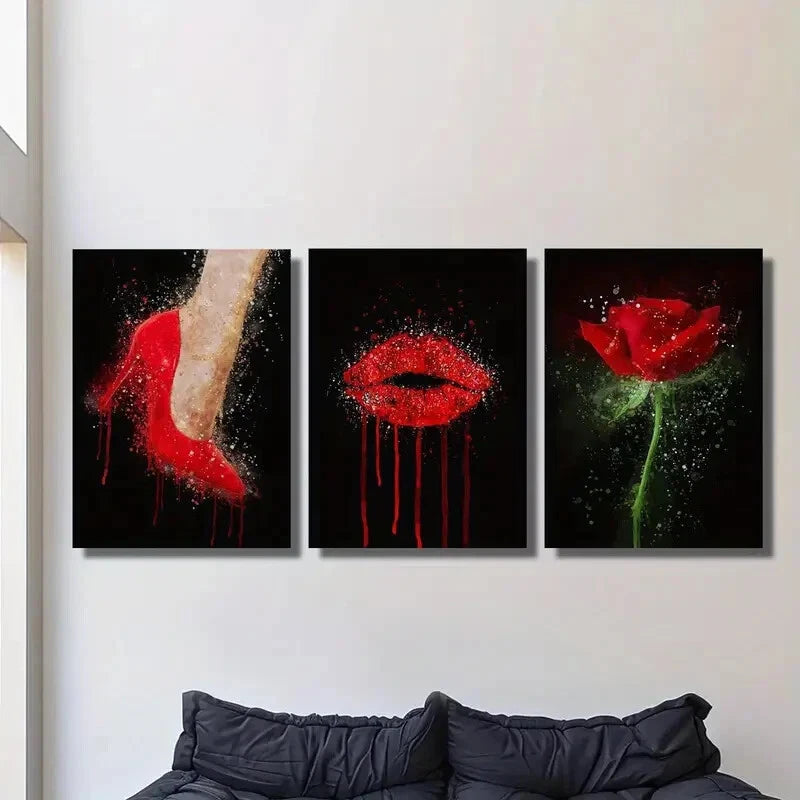 3PCS Fashion Red High Heels with Red Lips & Rose Metal Wall Art - Ready to Hang, Perfect for Bedroom, Living Room & Office Decor