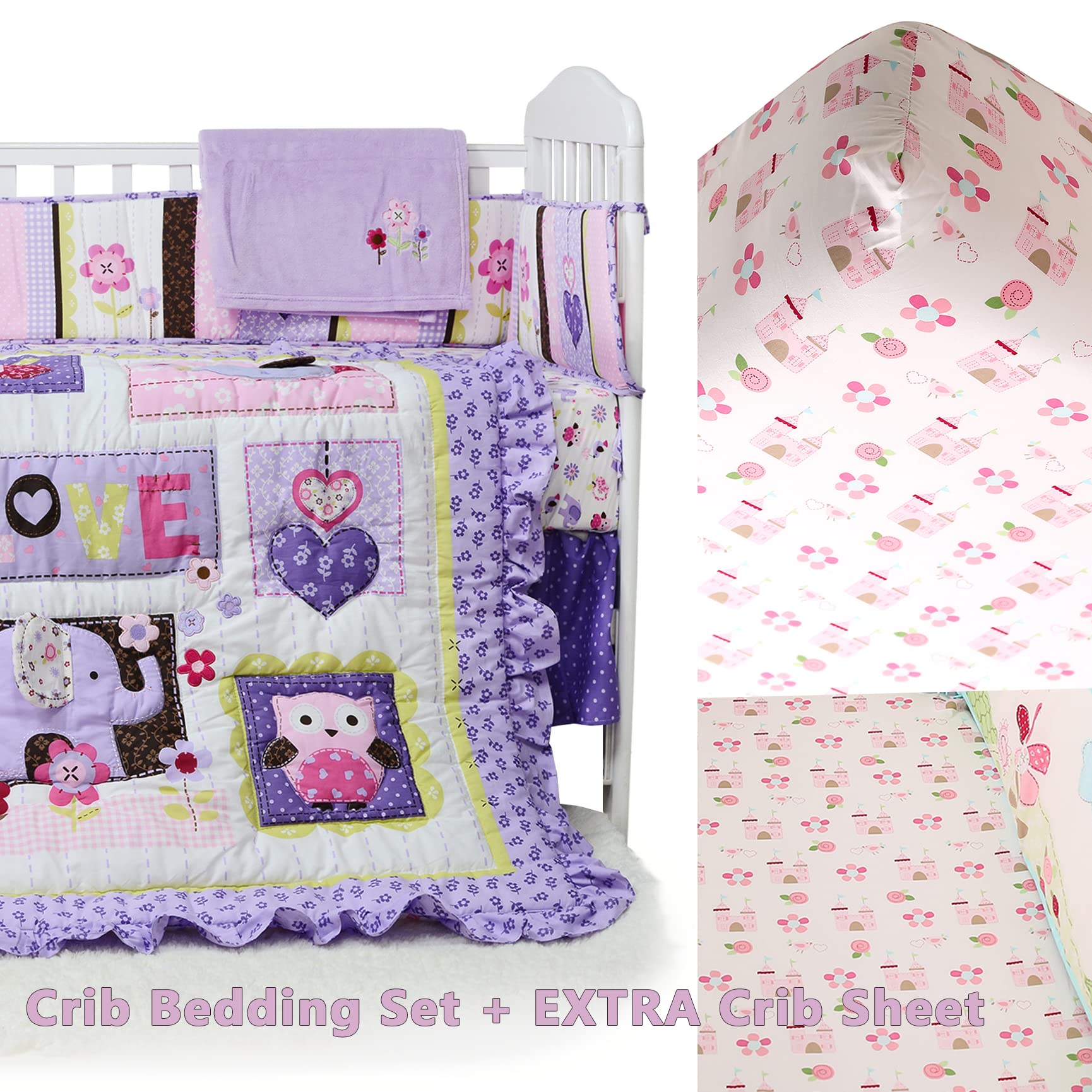 Brandream 4-Piece Baby Girl Nursery Crib Bedding Set - Soft Pink & Purple Crib Sheets, Fitted Crib Skirt, Breathable Crib Bumper - Perfect for Newborns & Toddlers, Ideal for Nursery Decor & Baby Shower Gifts