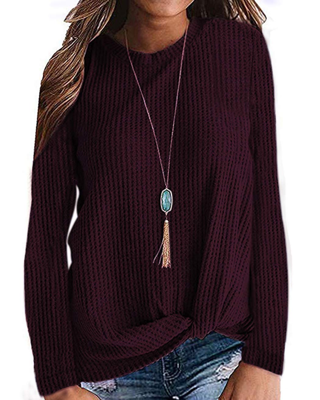 MISFAY Women's Casual Long Sleeve Twist Knot Waffle Knit Shirt - Cute Tunic Top for Fall & Winter - Perfect for Office, Date Night and Everyday Wear