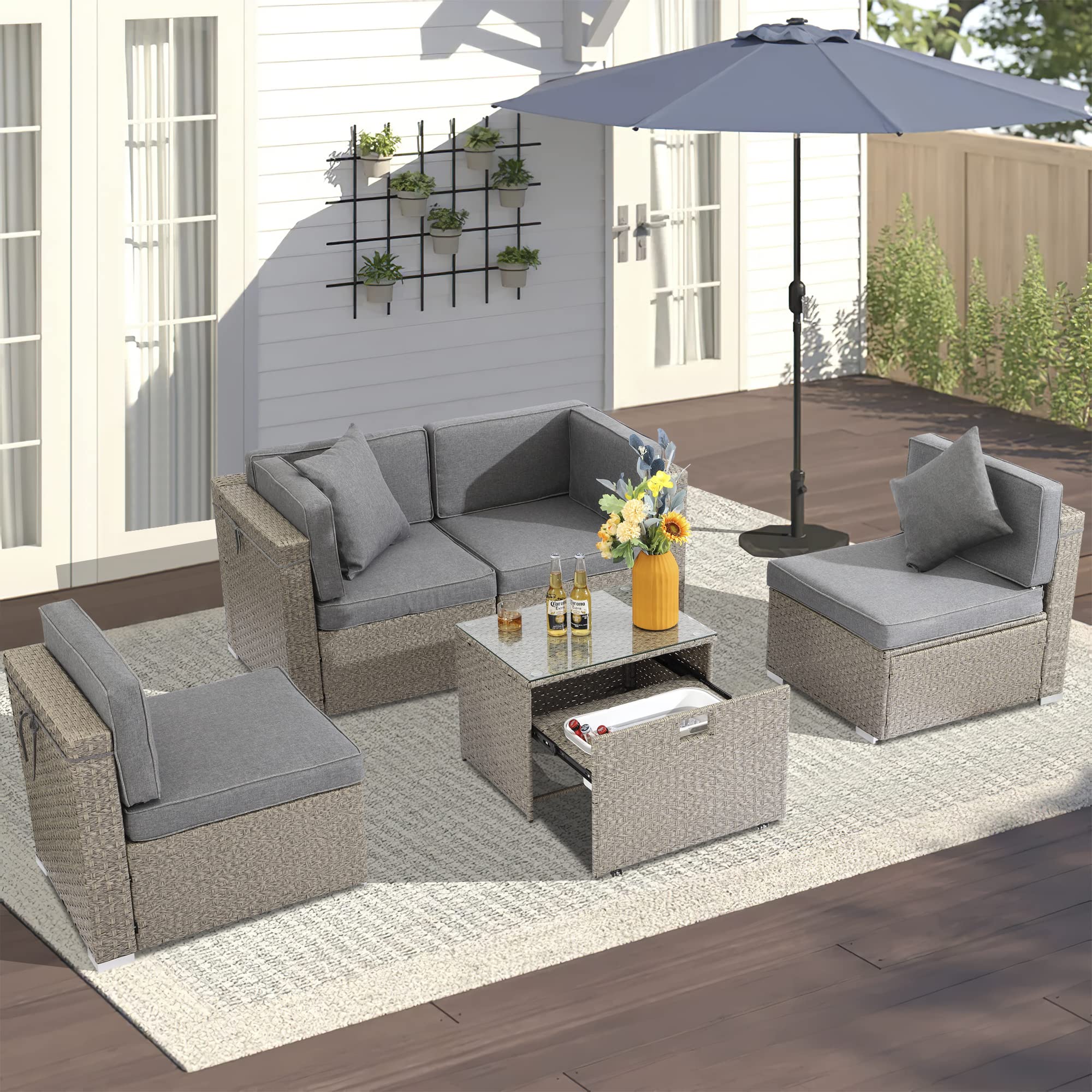LOUVIXA 5-Piece Outdoor Sectional Sofa Set with Coffee Table, Cushions & Collapsible Ice Bucket - All-Weather Rattan Patio Furniture for Backyard, Poolside & Garden Relaxation