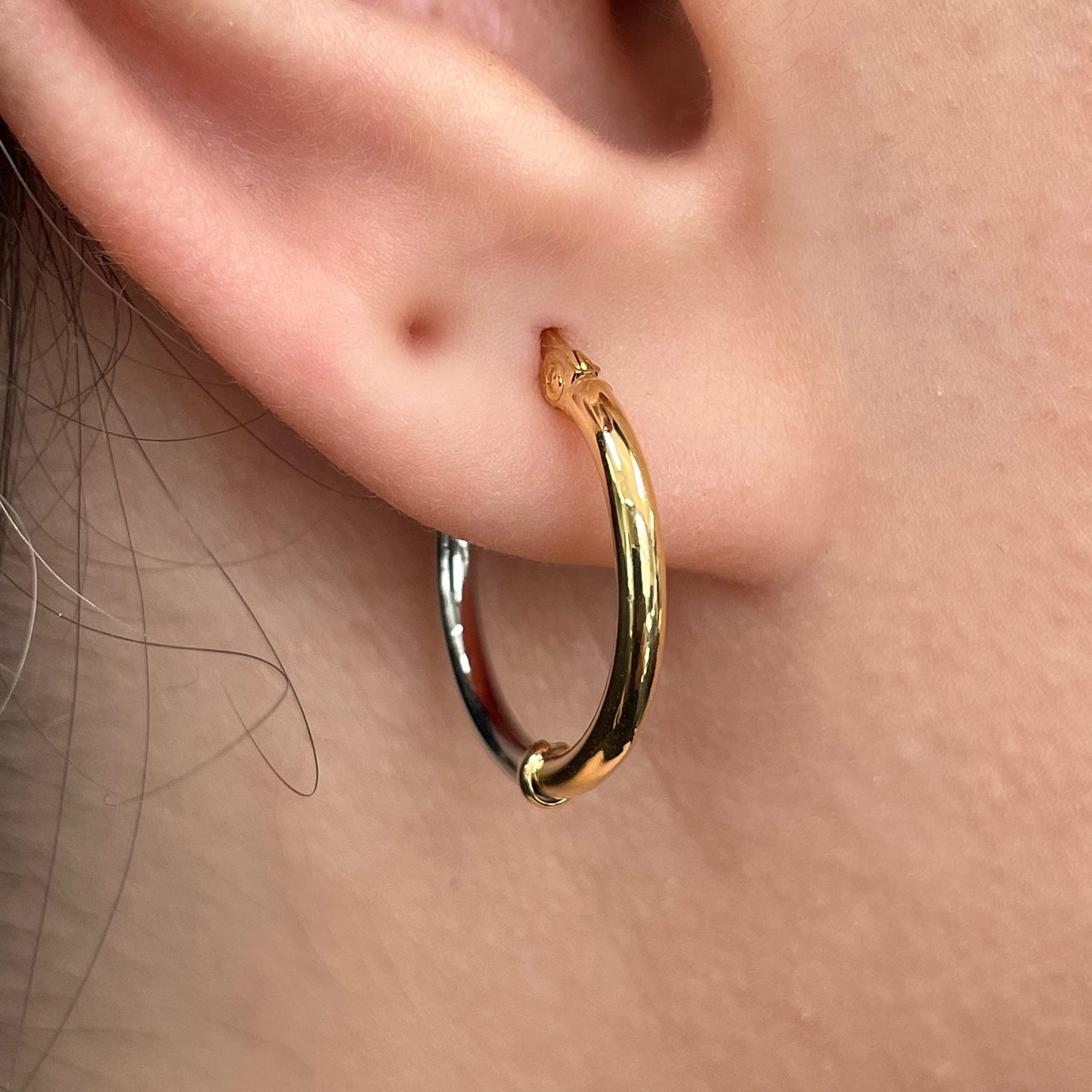 14K Italian Yellow & White Gold Hollow Hoop Earrings - Dainty Thin Polished Hoops for Women, Perfect for Everyday Wear, Date Nights & Special Occasions