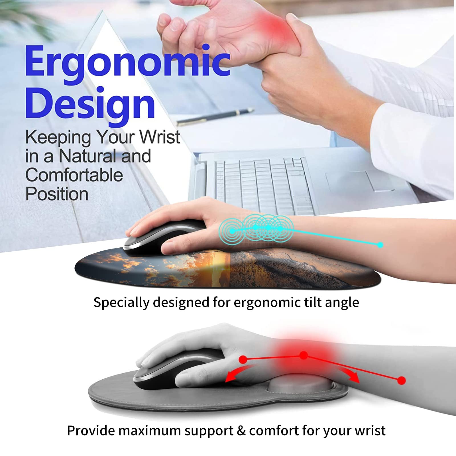 Ergonomic Mouse Pad with Wrist Rest - Thick Comfort Gel Support for Carpal Tunnel Pain Relief, Non-Slip PU Base Computer Mousepad for Wireless Mouse, Sunset Beach Design - Perfect for Office, Gaming & Home Workspace