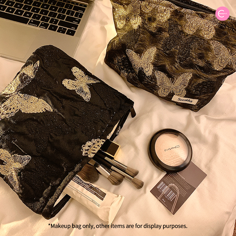 Blue Vip Hyovo Embossed Gold Silk Butterfly Makeup Bag - Elegant Cosmetic Pouch for Travel, Bridal Shower & Gift Giving