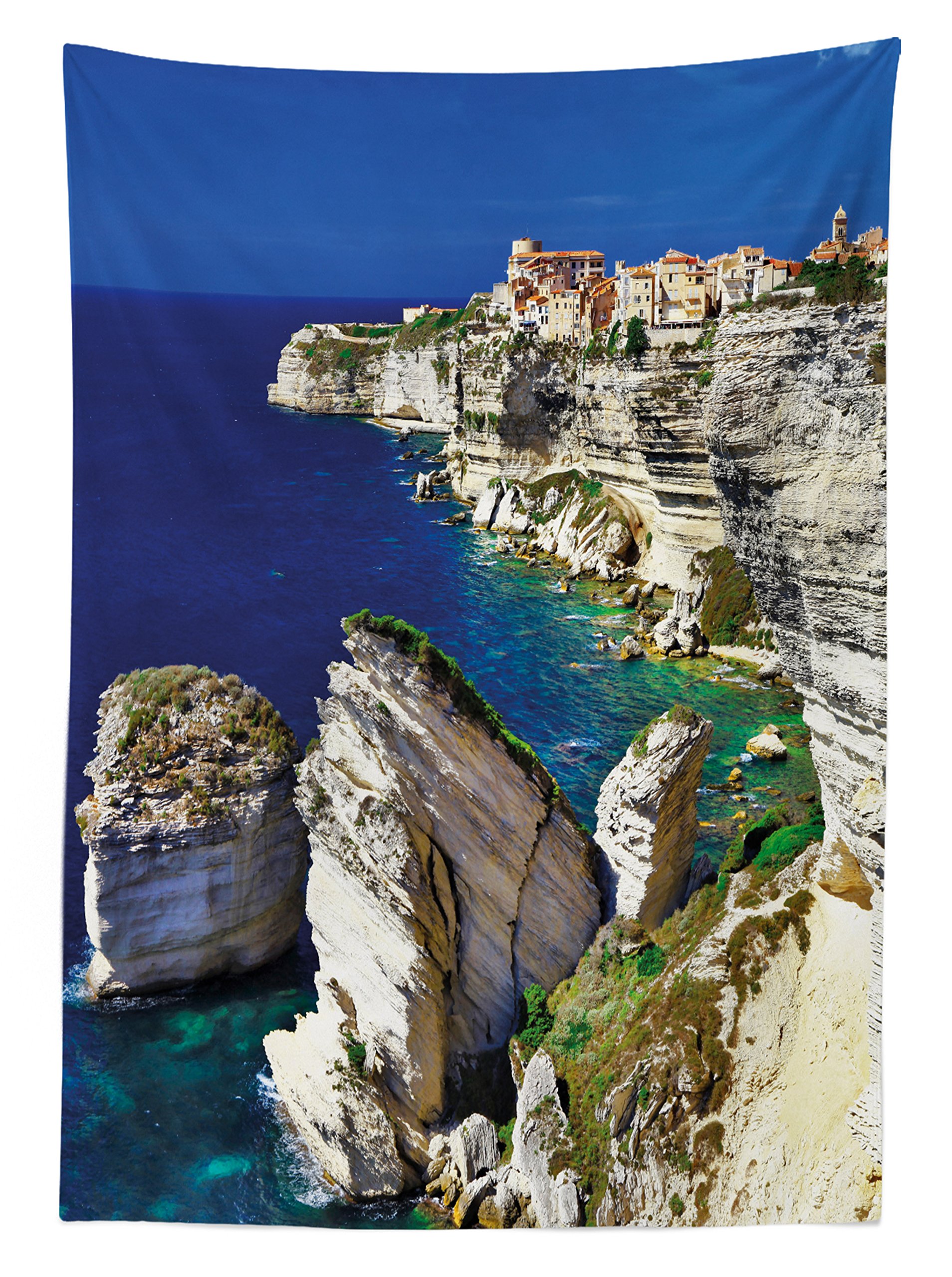 Ambesonne Waterproof Outdoor Tablecloth - Binifacio Town Rocks Corsica Coastline Cliff Ocean Seascape Panorama Print, Washable Picnic Table Cover 58