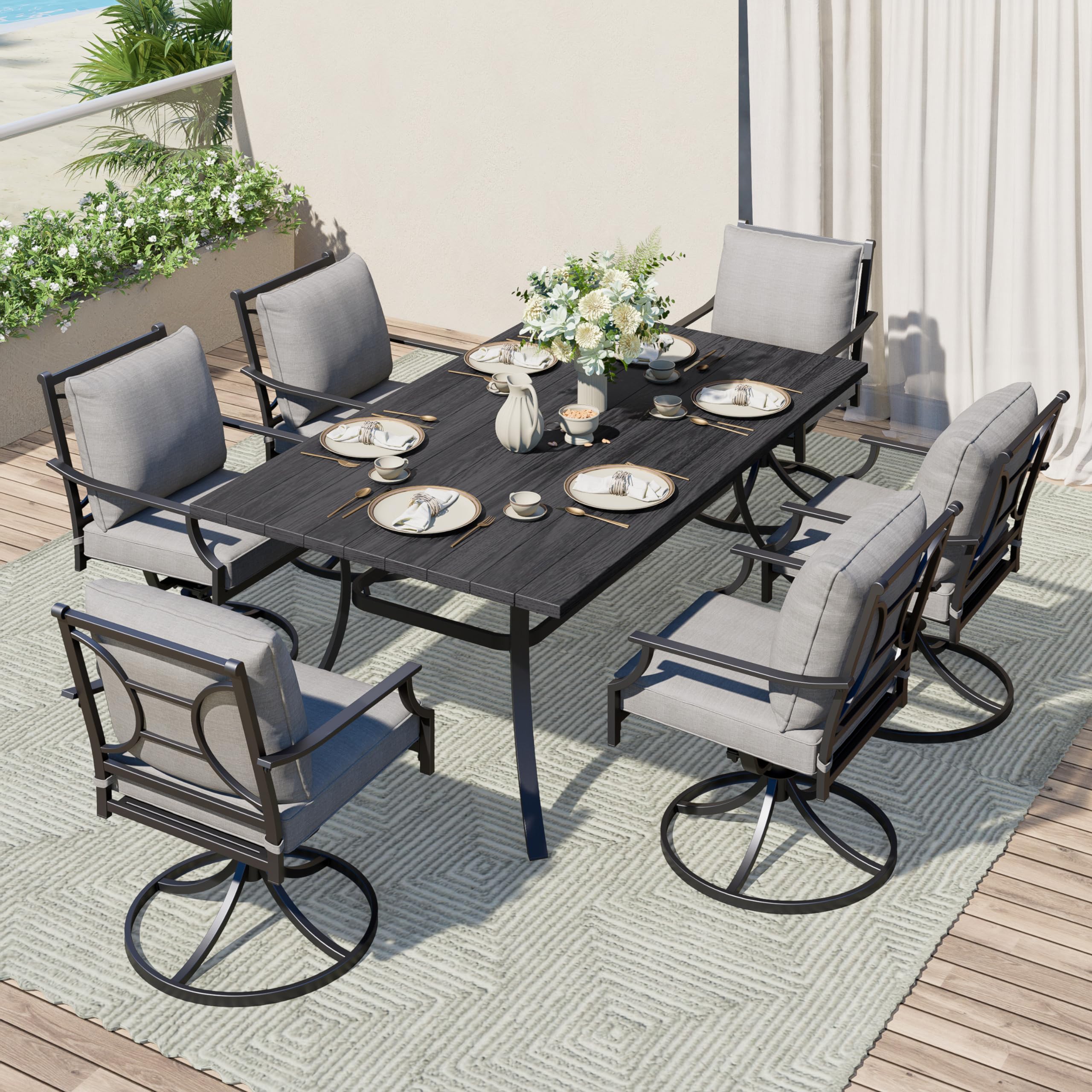 7-Piece Outdoor Dining Set for 6 with Swivel Chairs & Faux Wood Table - Grey E-Coated Patio Furniture with Olefin Cushions & Umbrella Hole - Perfect for Backyard BBQs, Garden Parties & Poolside Dining