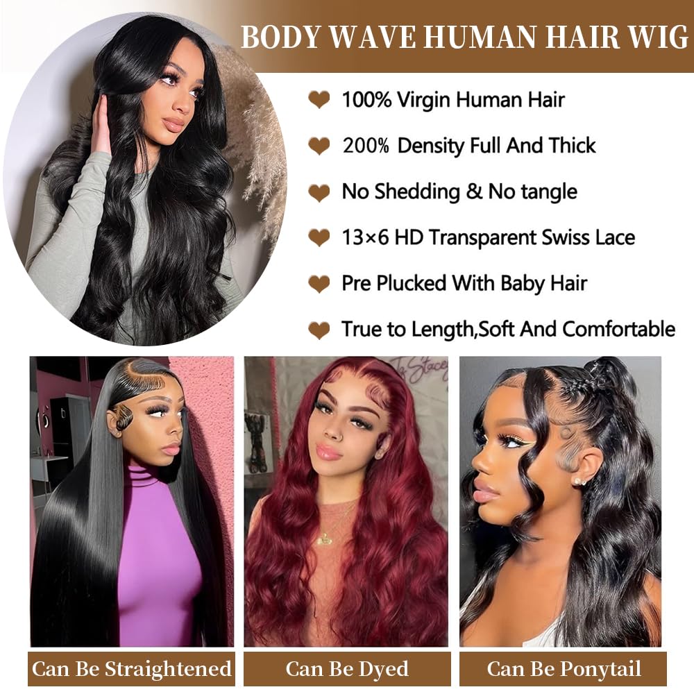 30 Inch Brazilian Virgin Human Hair Lace Front Wig - 200% Density 13x6 HD Transparent Pre-Plucked Glueless Body Wave Wig for Women (Natural Black) | Perfect for Daily Wear, Parties, Cosplay & Special Occasions
