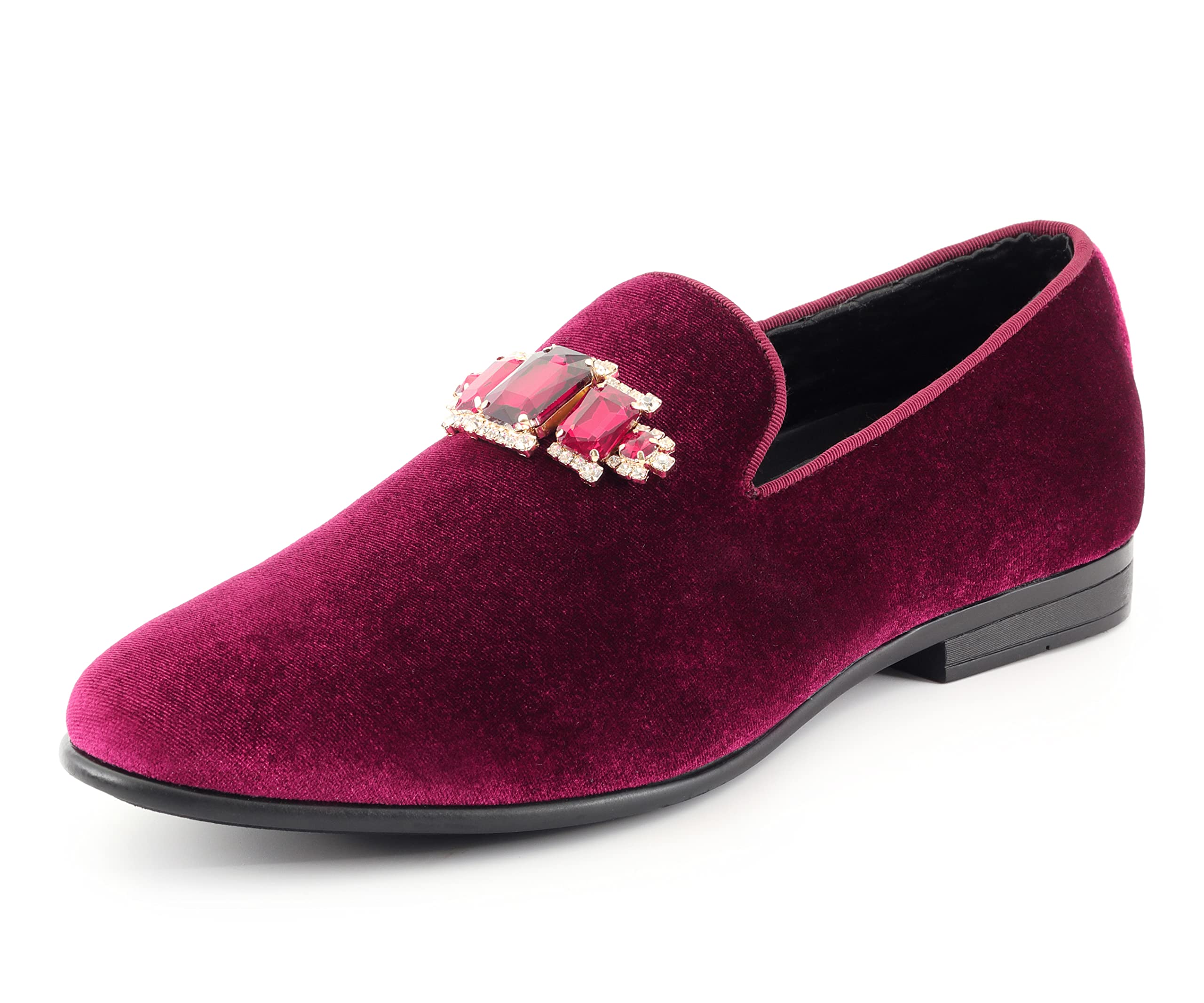 Amali Tiago Men's Faux Velvet Slip-On Loafers with Jeweled Bit & Matching Piping - Formal Tuxedo Dress Shoes for Weddings, Parties & Business Events - Comfortable Smoking Slippers for Grooms & Professionals