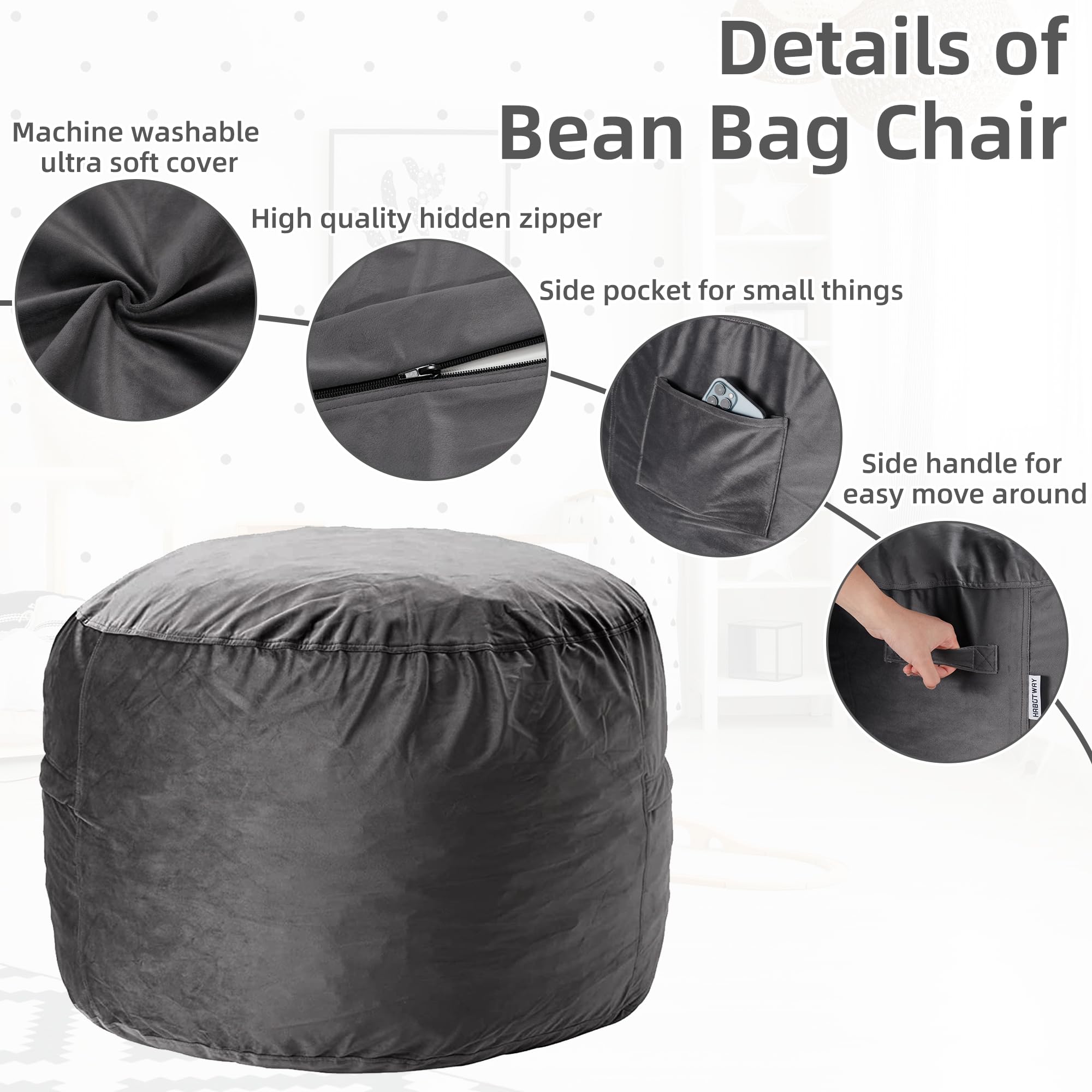 HABUTWAY 4' Giant Memory Foam Bean Bag Chair for Adults - Ultra Soft Microfiber Cover, 4 Feet Large Lounger (Grey) - Perfect for Living Room, Bedroom, Game Room & Dorm Relaxation