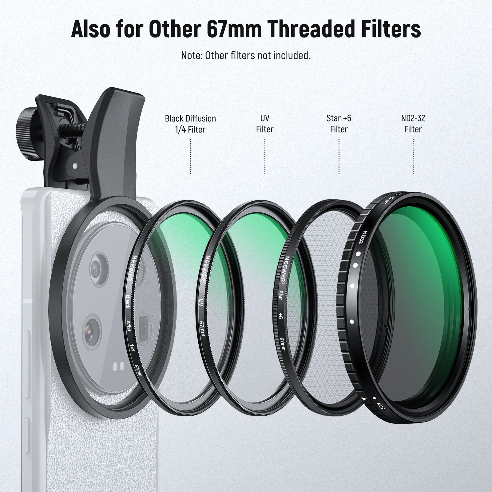 NEEWER FL B23/FL B19 67mm Clip-On CPL Filter for Smartphone Camera - Enhance Photos & Videos for Travel, Vlogging & Social Media