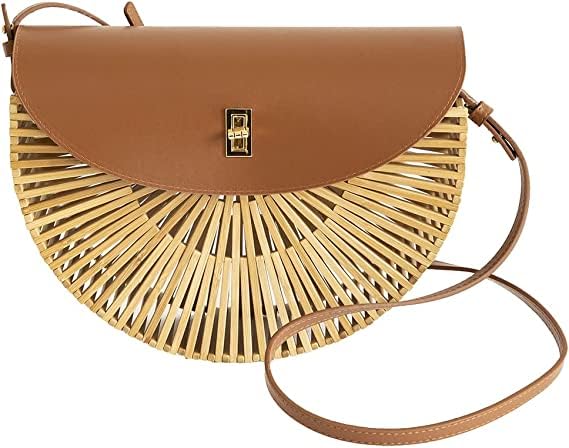 Handwoven Bamboo Crossbody Bag for Women - Natural Straw Purse with Leather Strap - Eco-Friendly Summer Beach Bag for Travel, Shopping & Outdoor Activities